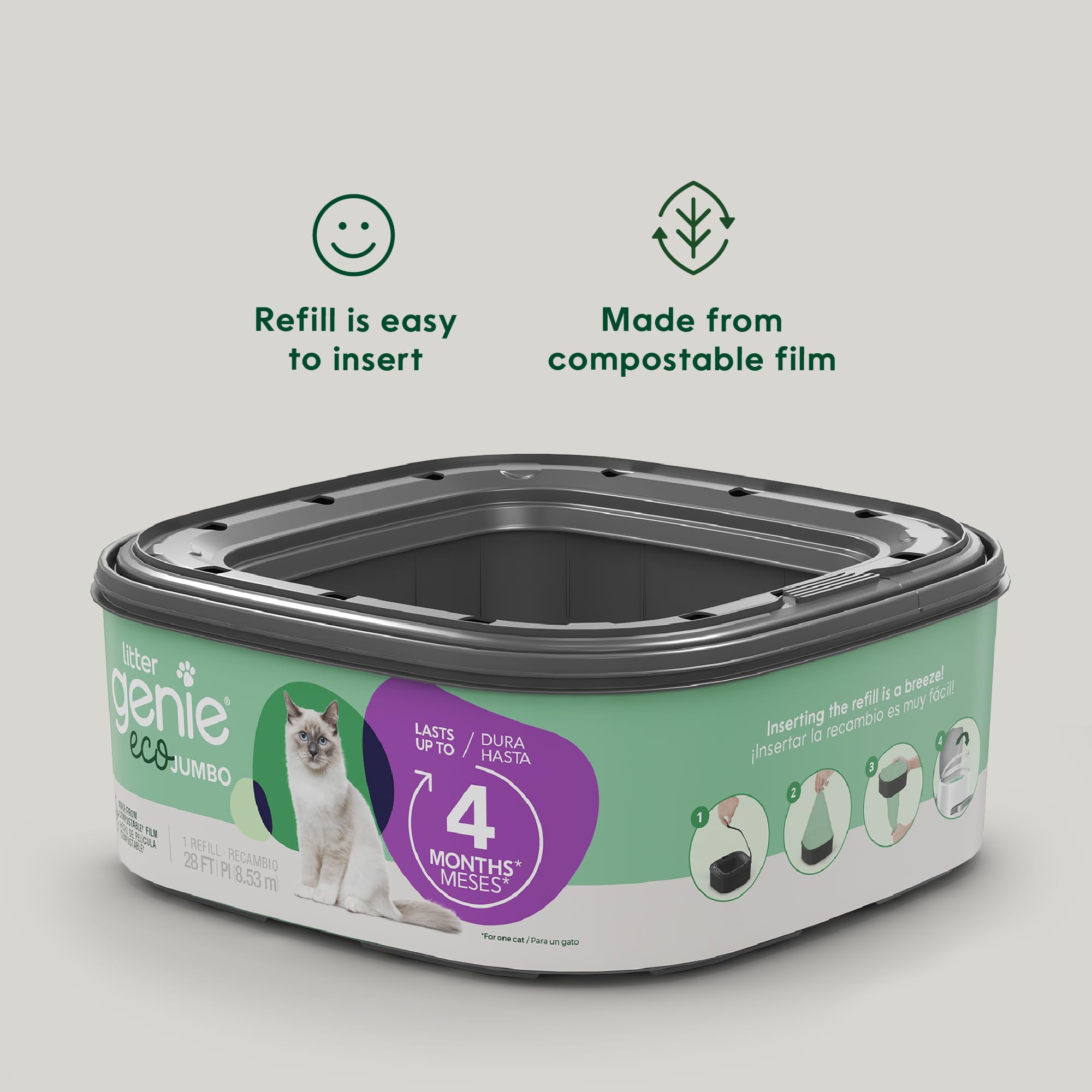 Litter Genie Eco Jumbo Refill: sacs compostables qui se décomposent naturellement.