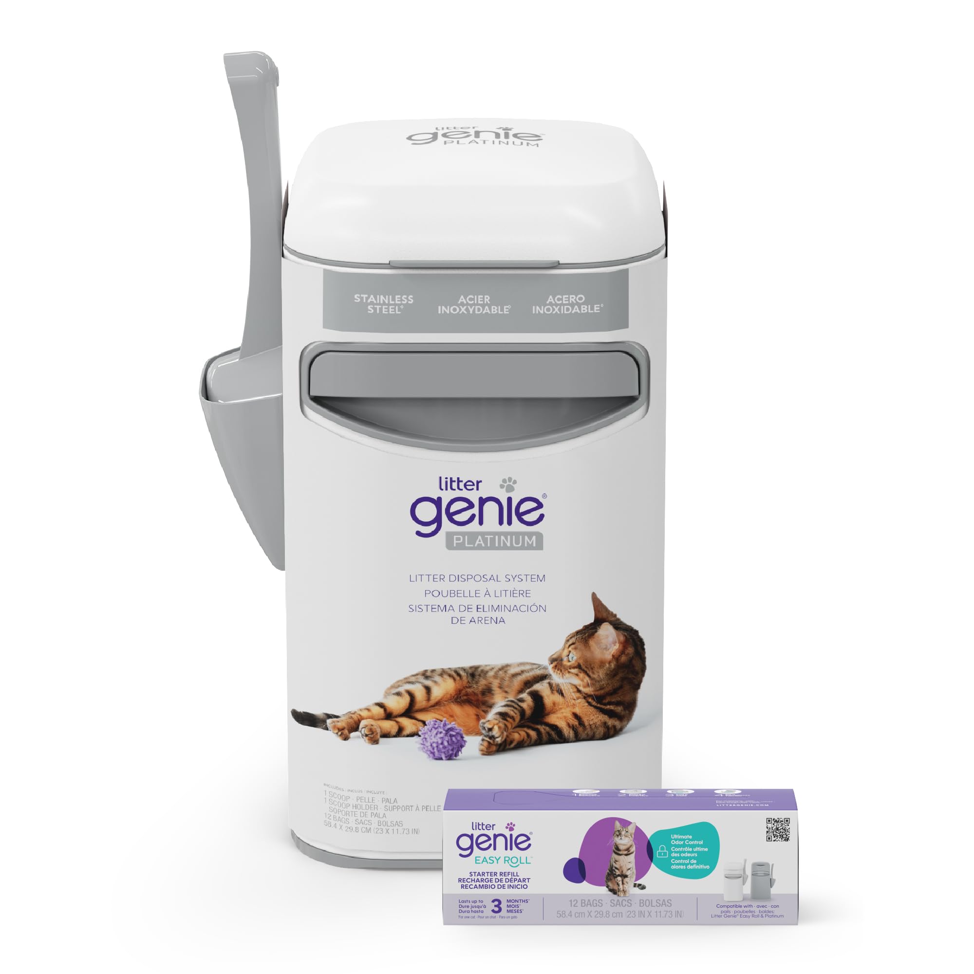 Litter Genie Platinum seau litière inox, design élégant et entretien facile.