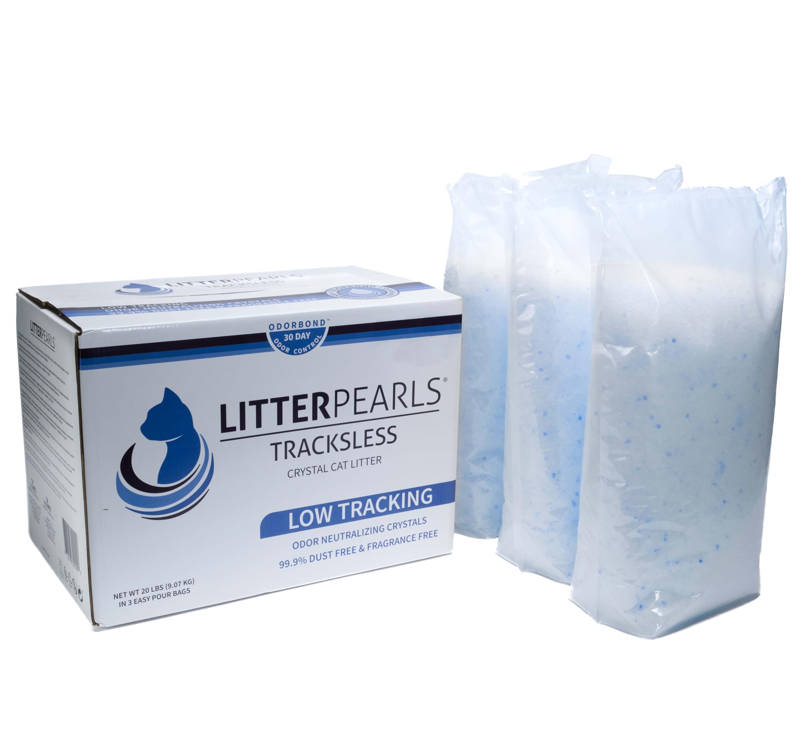 Litter Pearls Tracksless: cristaux blancs, absorption efficace et contrôle des odeurs durable pour la litière des chats.