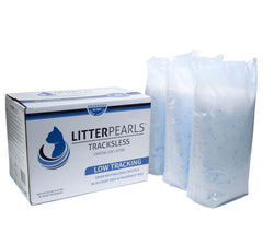 Litter Pearls Tracksless: cristaux blancs, absorption efficace et contrôle des odeurs durable pour la litière des chats.