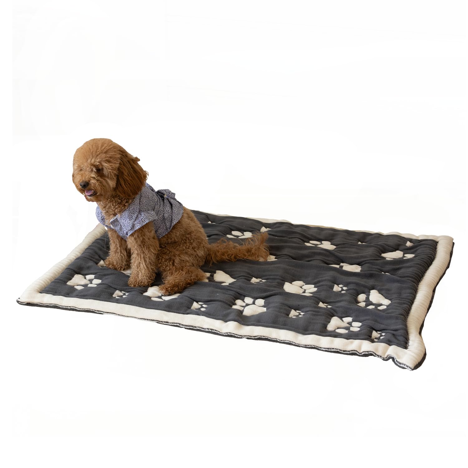 Little Dedi PetMat charcoal-beige dans cage, confort doux pour petit chien.