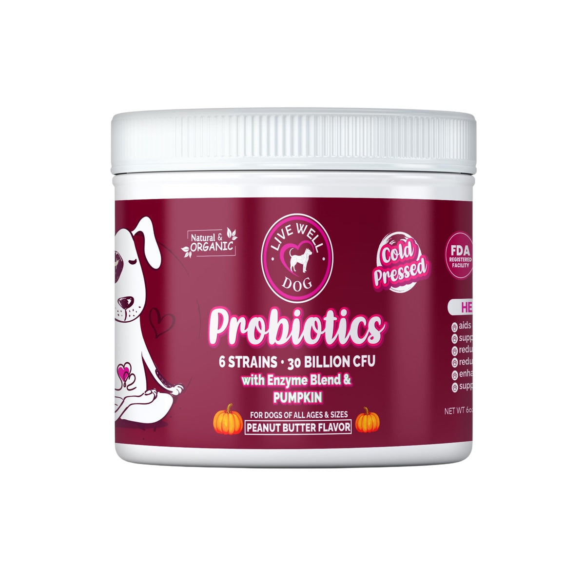 Friandises probiotiques Live Well Dog dans une bouteille, soutien digestif.