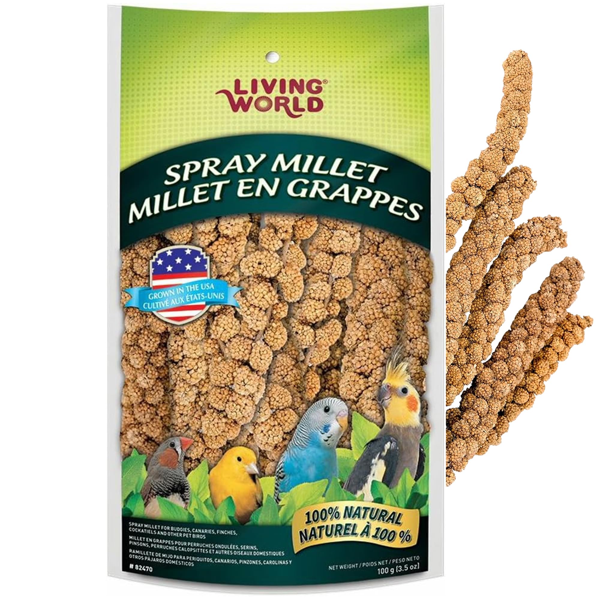 Living World Spray Millet – emballage prêt à offrir un snack naturel et pratique pour petits oiseaux.