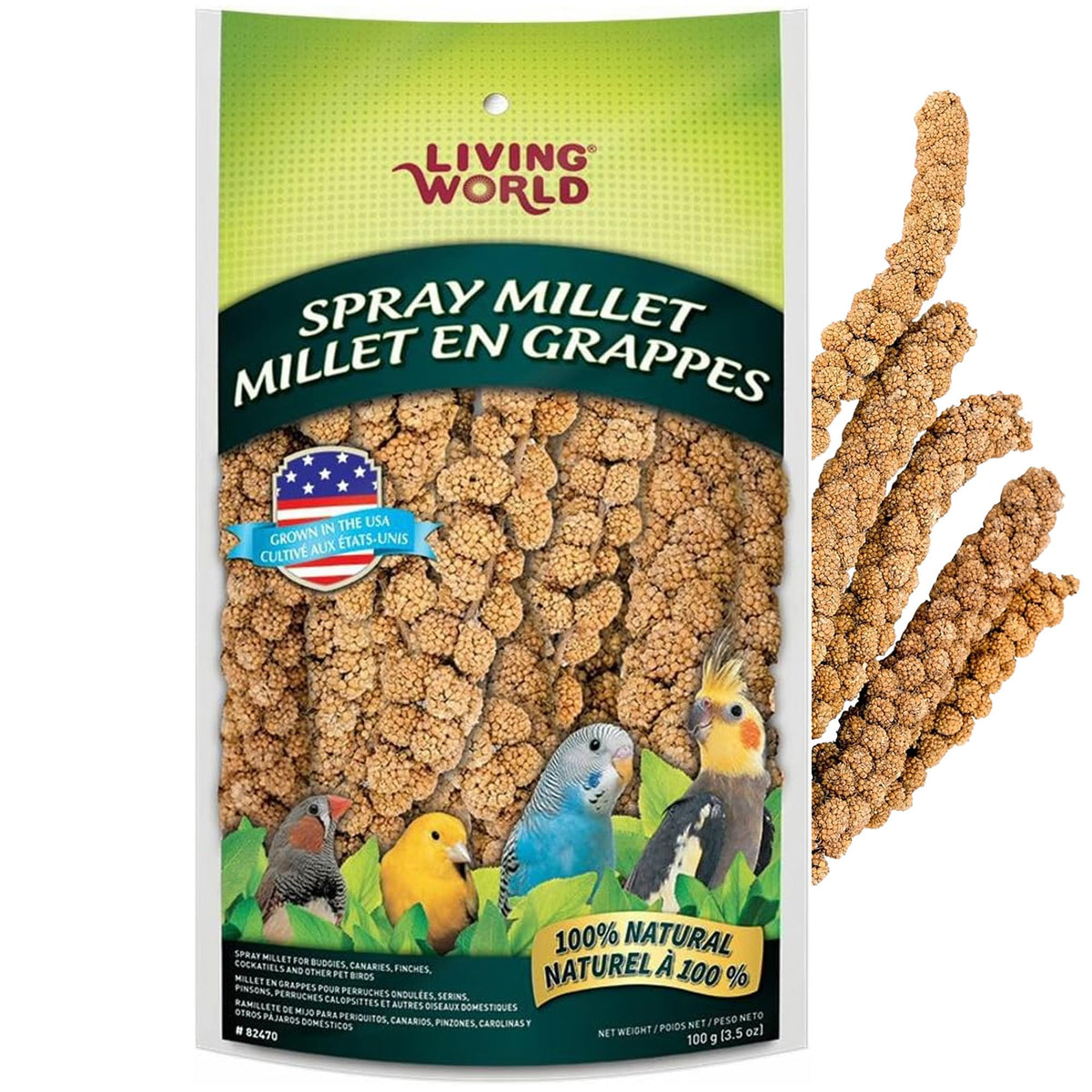 Living World Spray Millet – emballage prêt à offrir un snack naturel et pratique pour petits oiseaux.