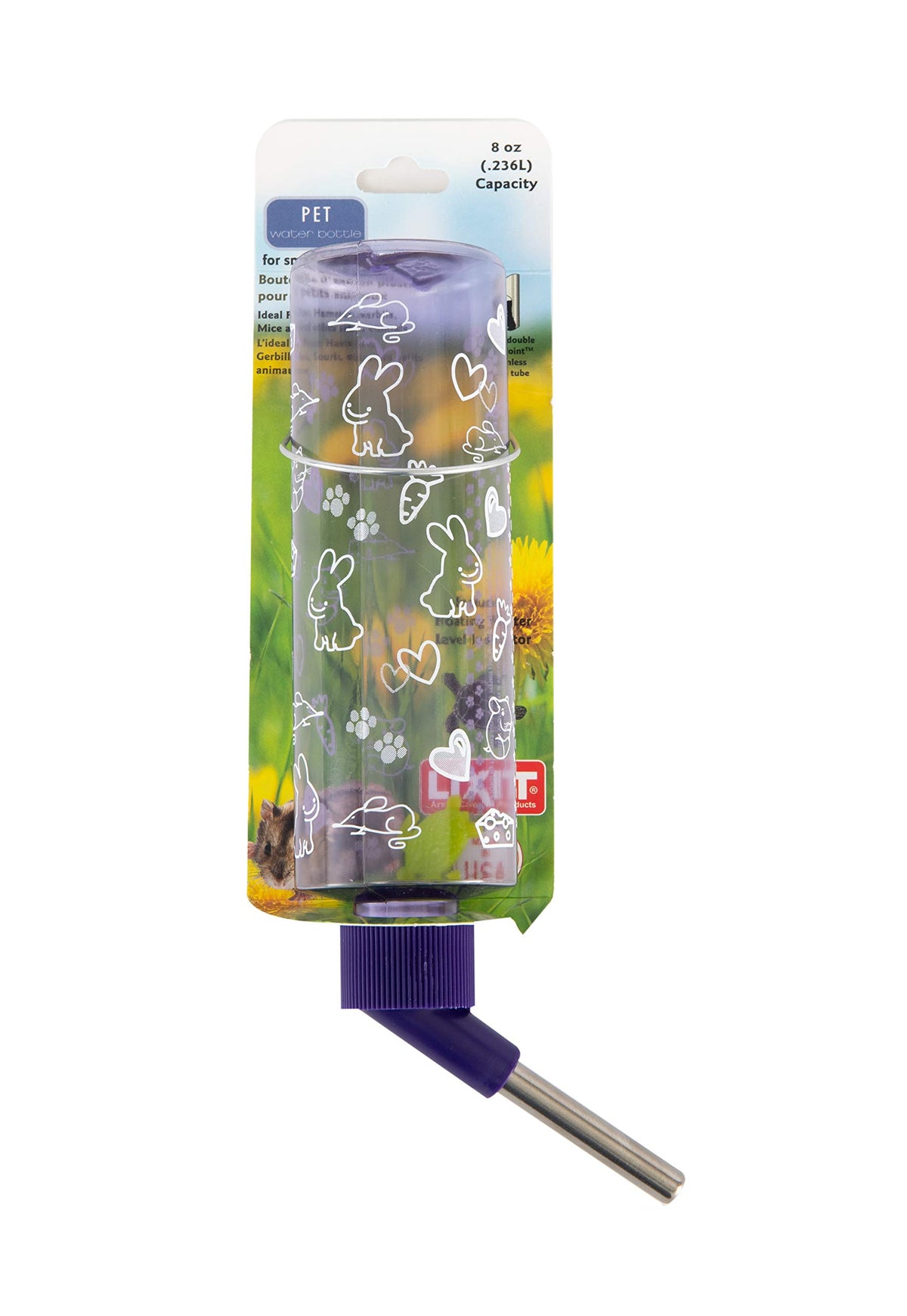 Bouteille d'eau 8onces Lixit violette, niveau d'eau visible pour animaux.