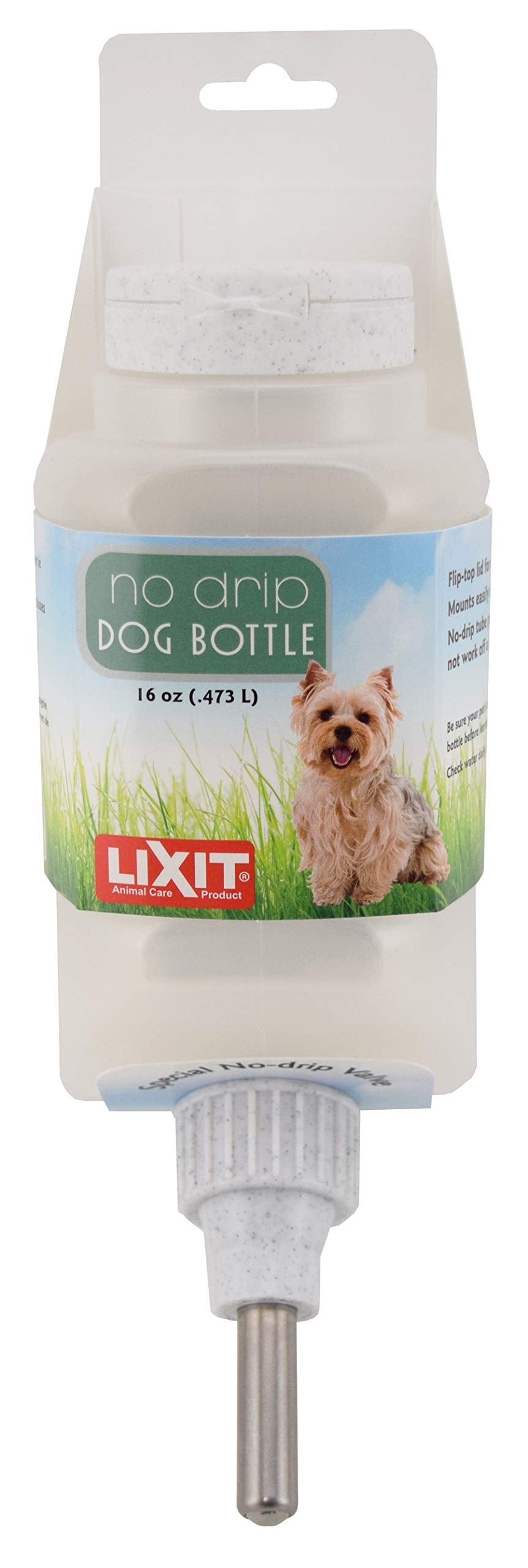 Gourde Lixit anti-goutte vue avant, remplissage facile pour chien.