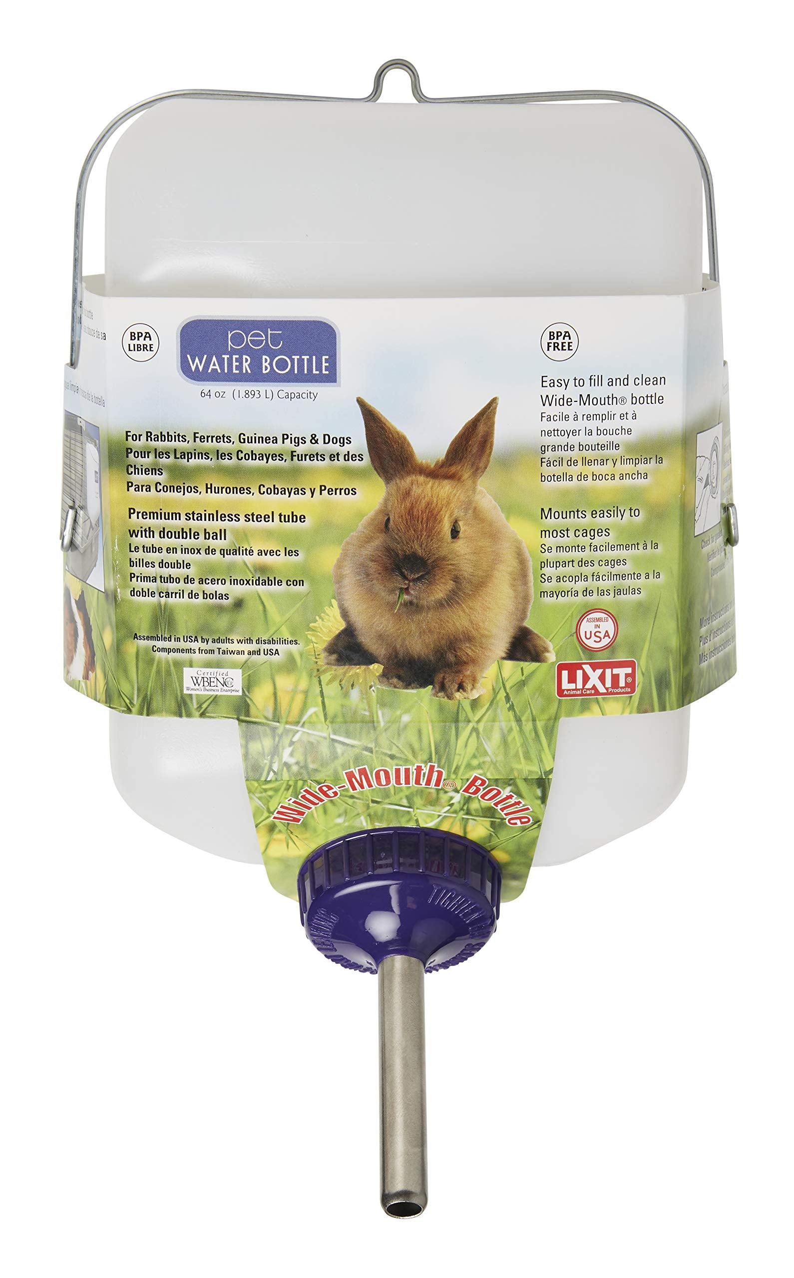 Bouteille Lixit à bouche large, pratique et facile à nettoyer pour les petits animaux.