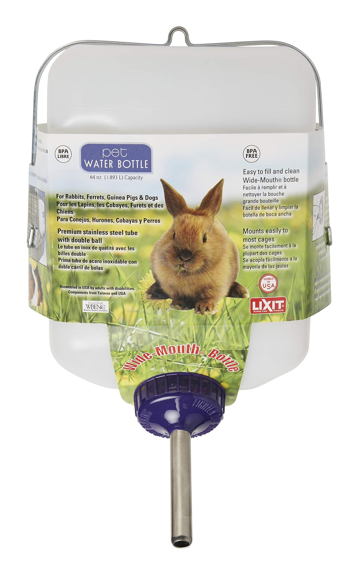 Bouteille Lixit à bouche large, pratique et facile à nettoyer pour les petits animaux.