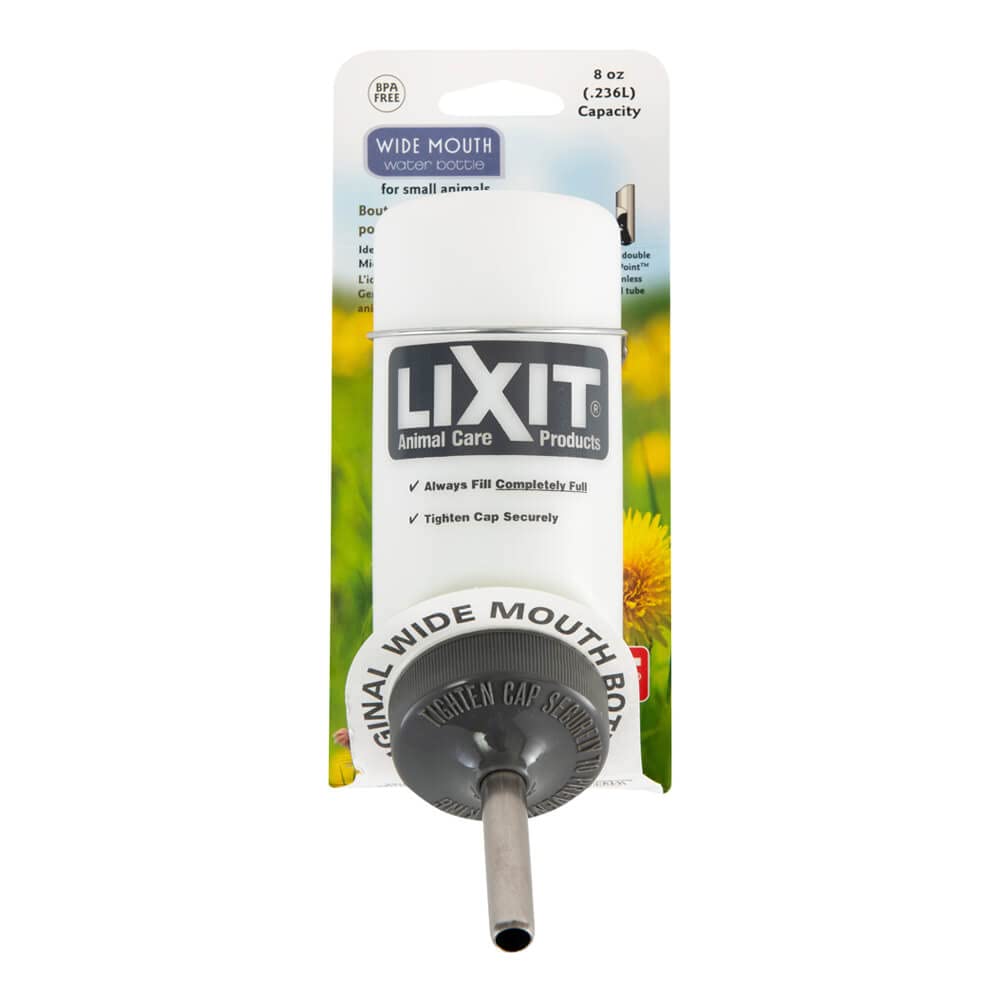 Bouteille Lixit à grande ouverture, remplissage rapide et nettoyage facilité.