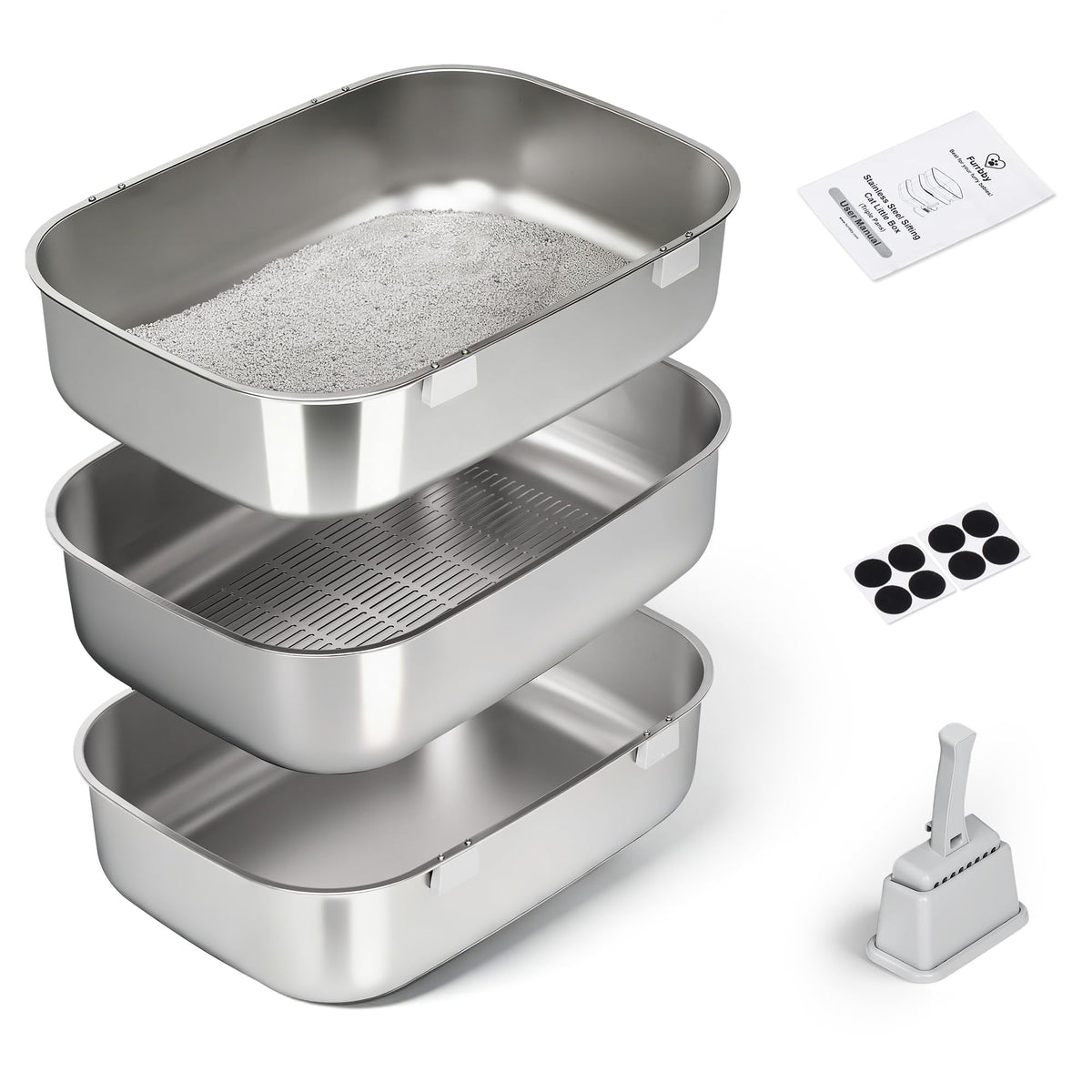 LLNHAEB triple-pan: litière en acier inoxydable, haut bord pour chats lourds.