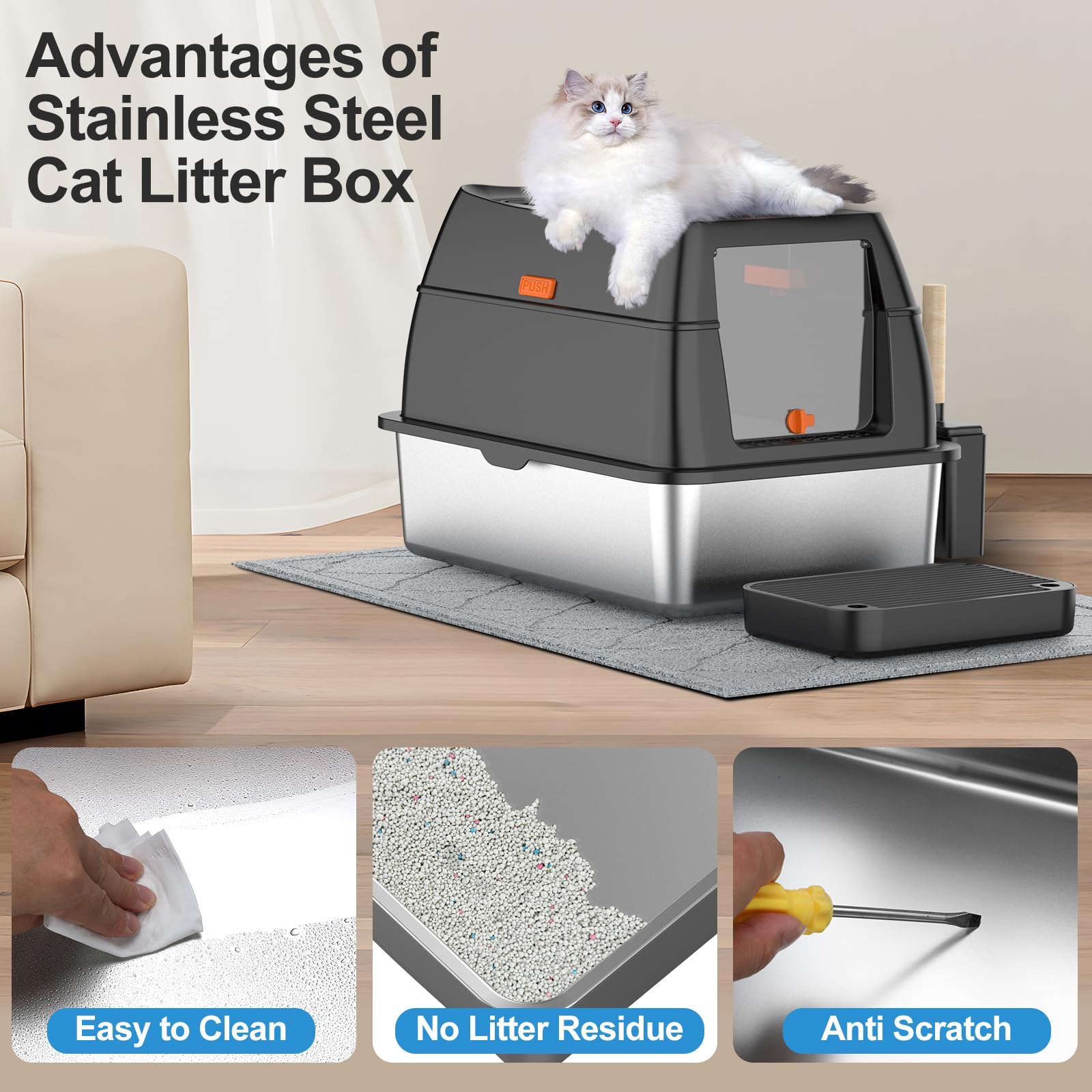 Lobeve Litière inox surface facile nettoyable, nettoyage rapide et hygiène simplifiée.