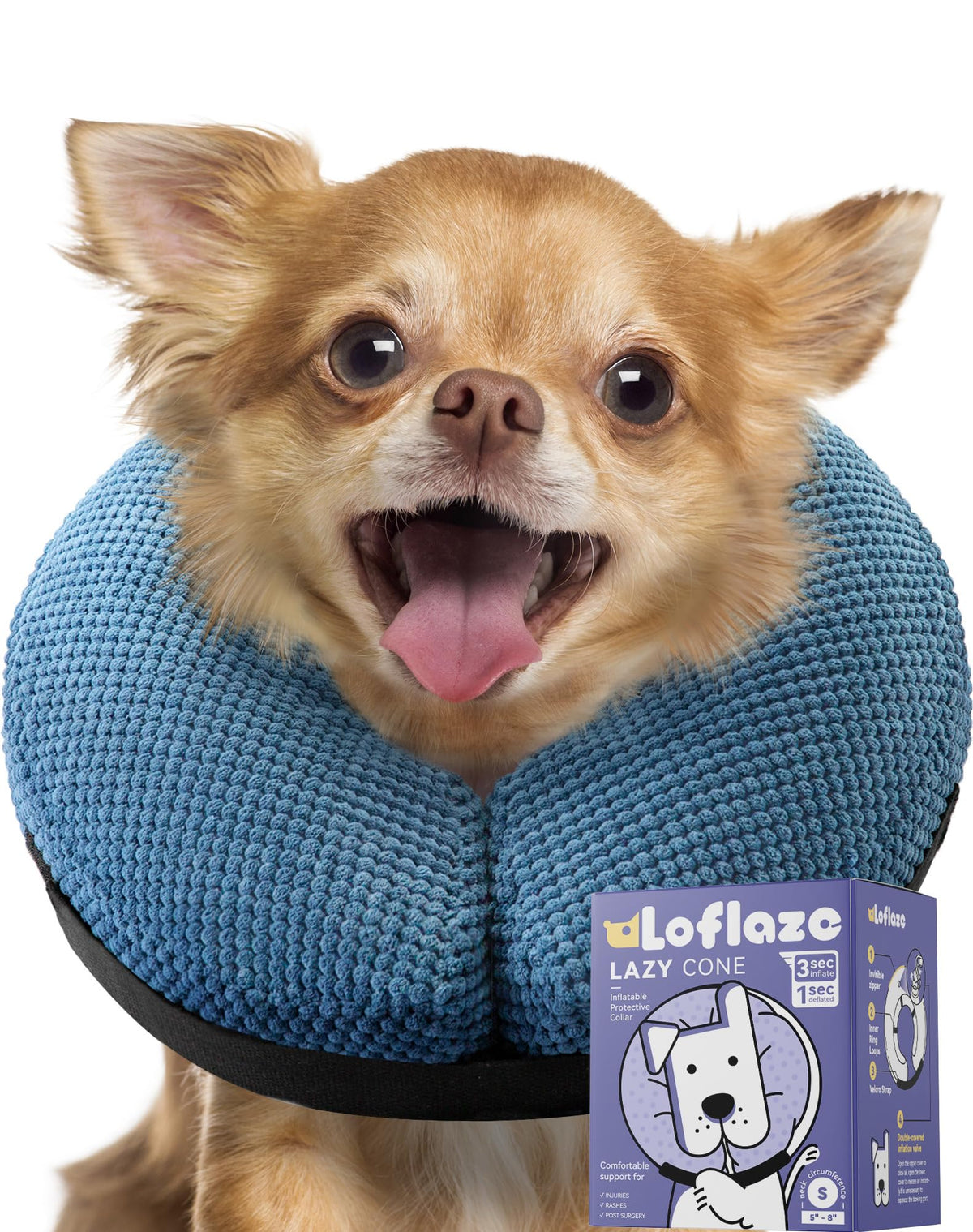 Loflaze collier cone gonflable bleu S pour chien, confort post‑opération.