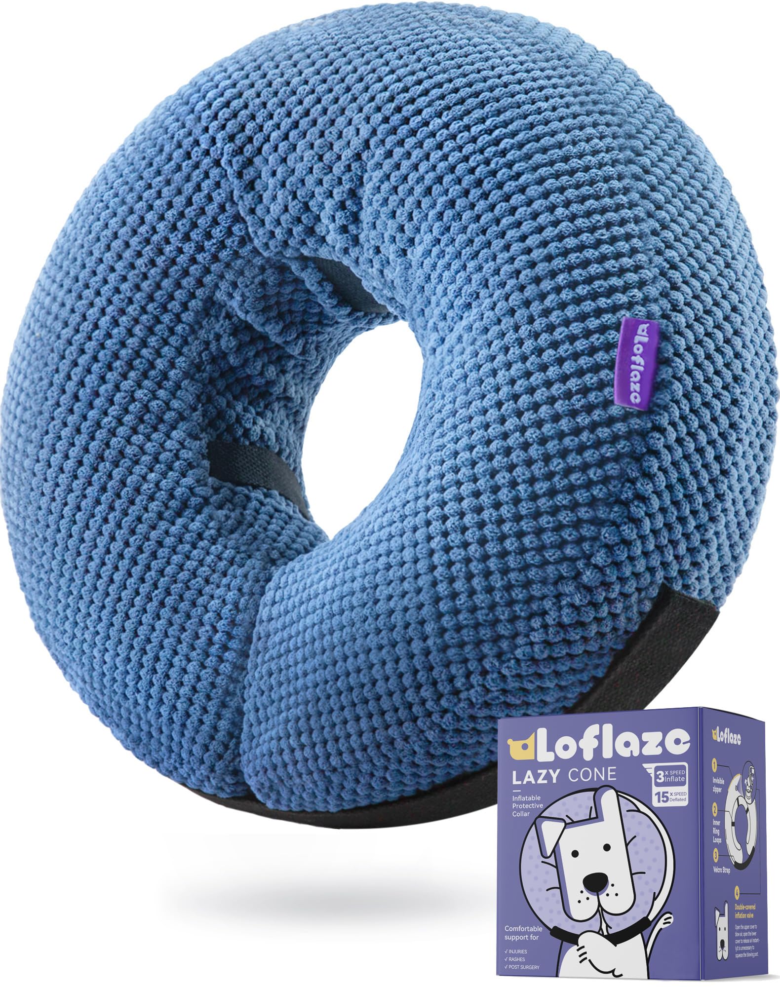 Loflaze collier gonflable bleu pour chien en portrait, accessoire confortable après chirurgie.