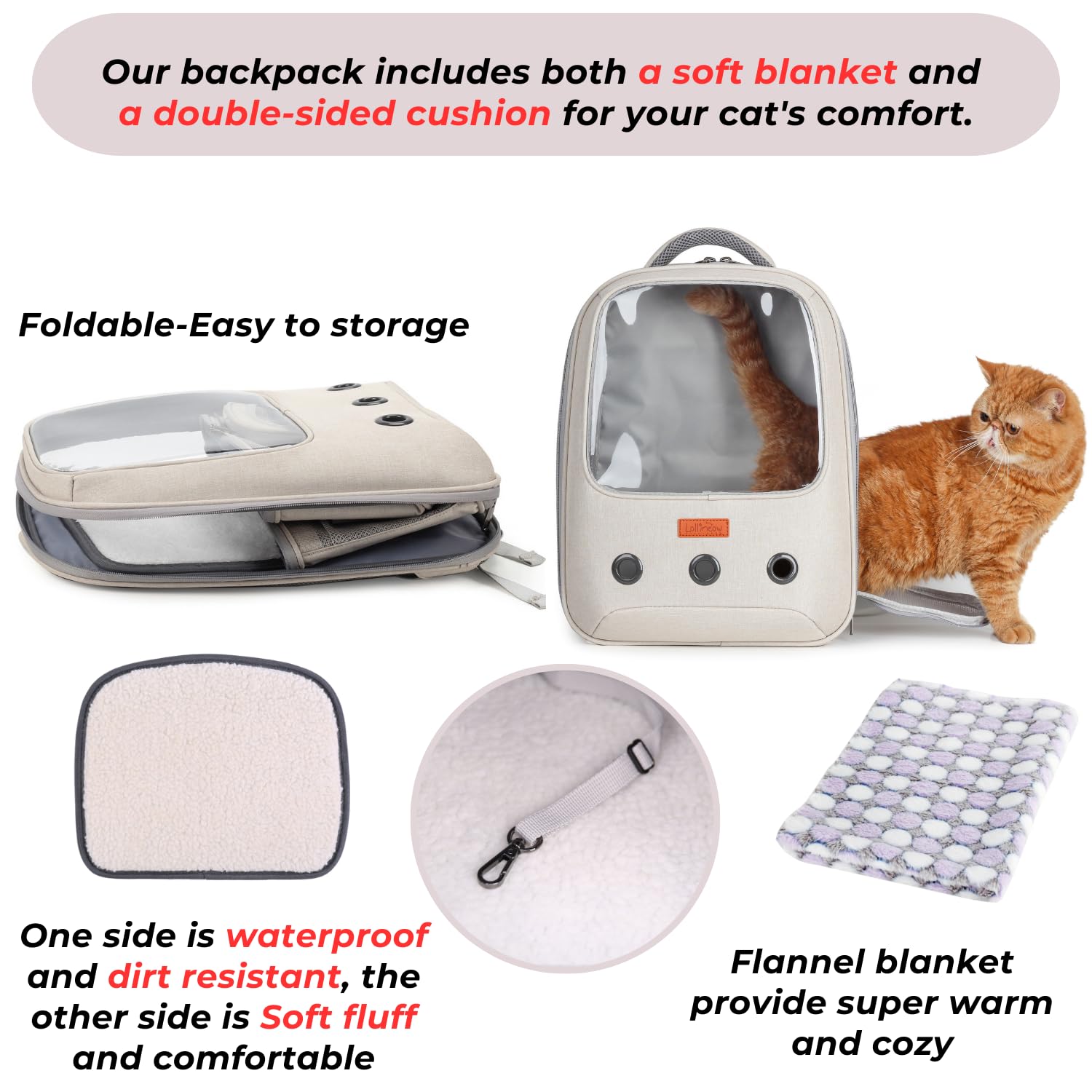 Lollimeow poches accessoires, idéales pour mini ventilateur ou snacks.