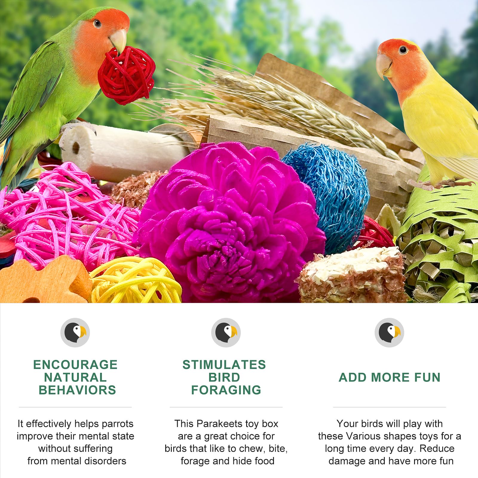 Jouet LOPERDEVE boîte d’activités riche en matériaux, pour petits oiseaux.