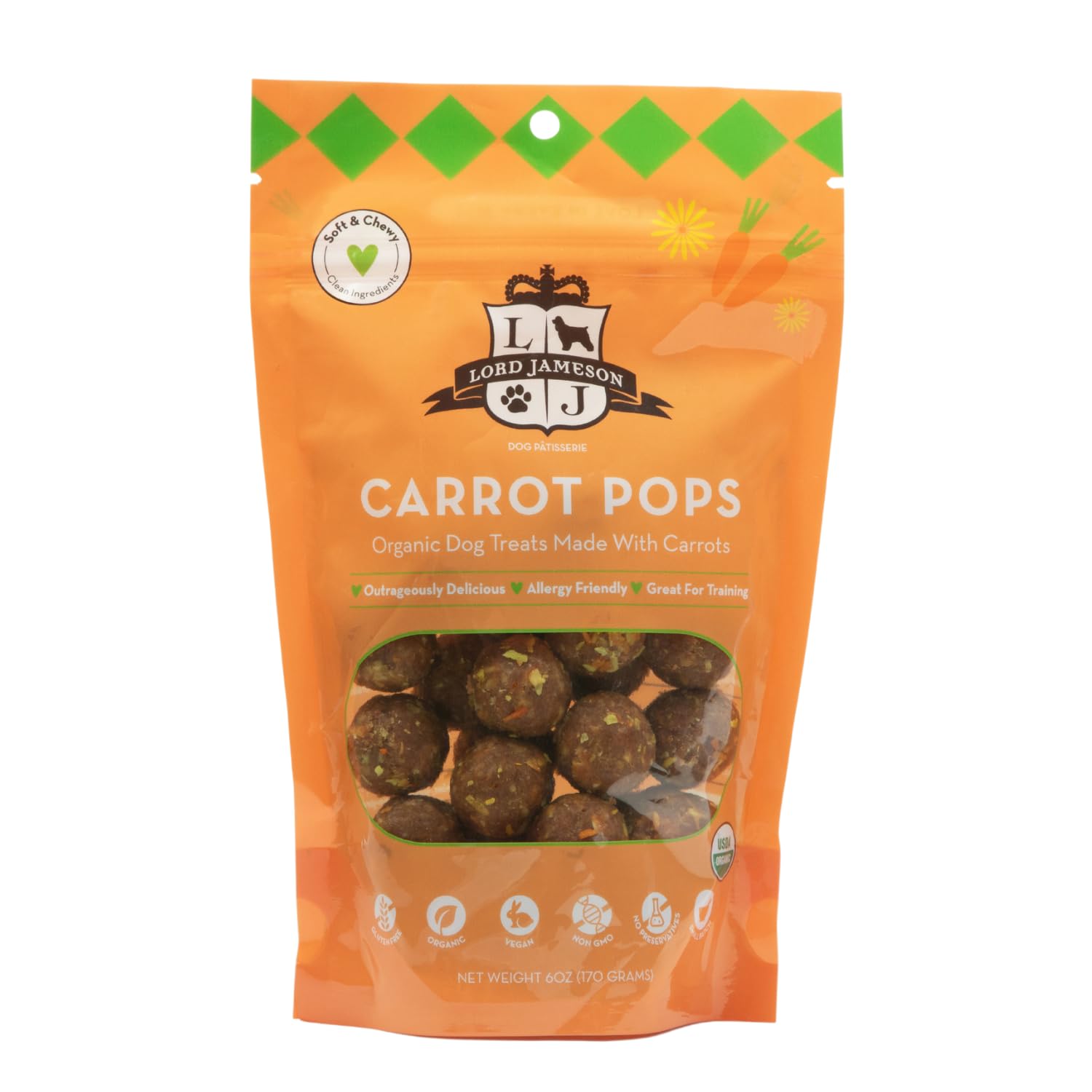 Lord Jameson Carrot Pops — sachet 6oz, friandises bio pour chiens, goût naturel.