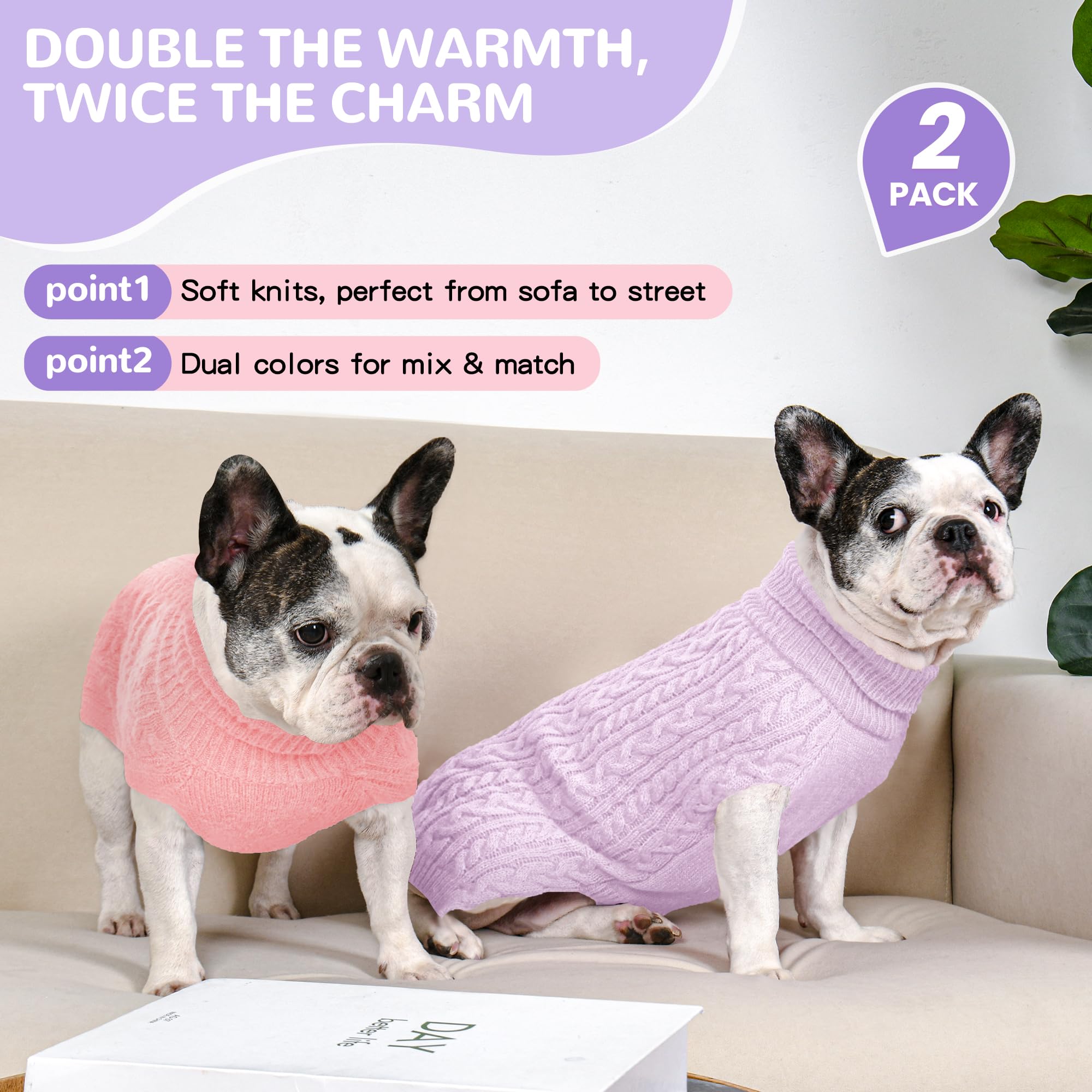 Lorehelina pull chien moyen violet, tricot-câble et ajustement souple.