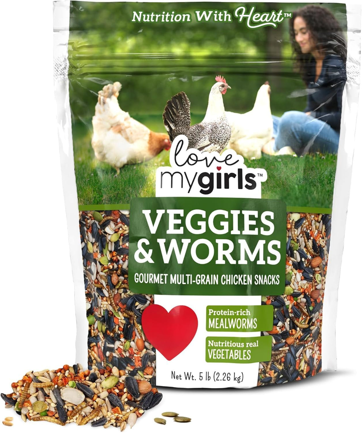 Love My Girls snacks poulets légumes vers de fourrage: friandise protéinée et croquante.