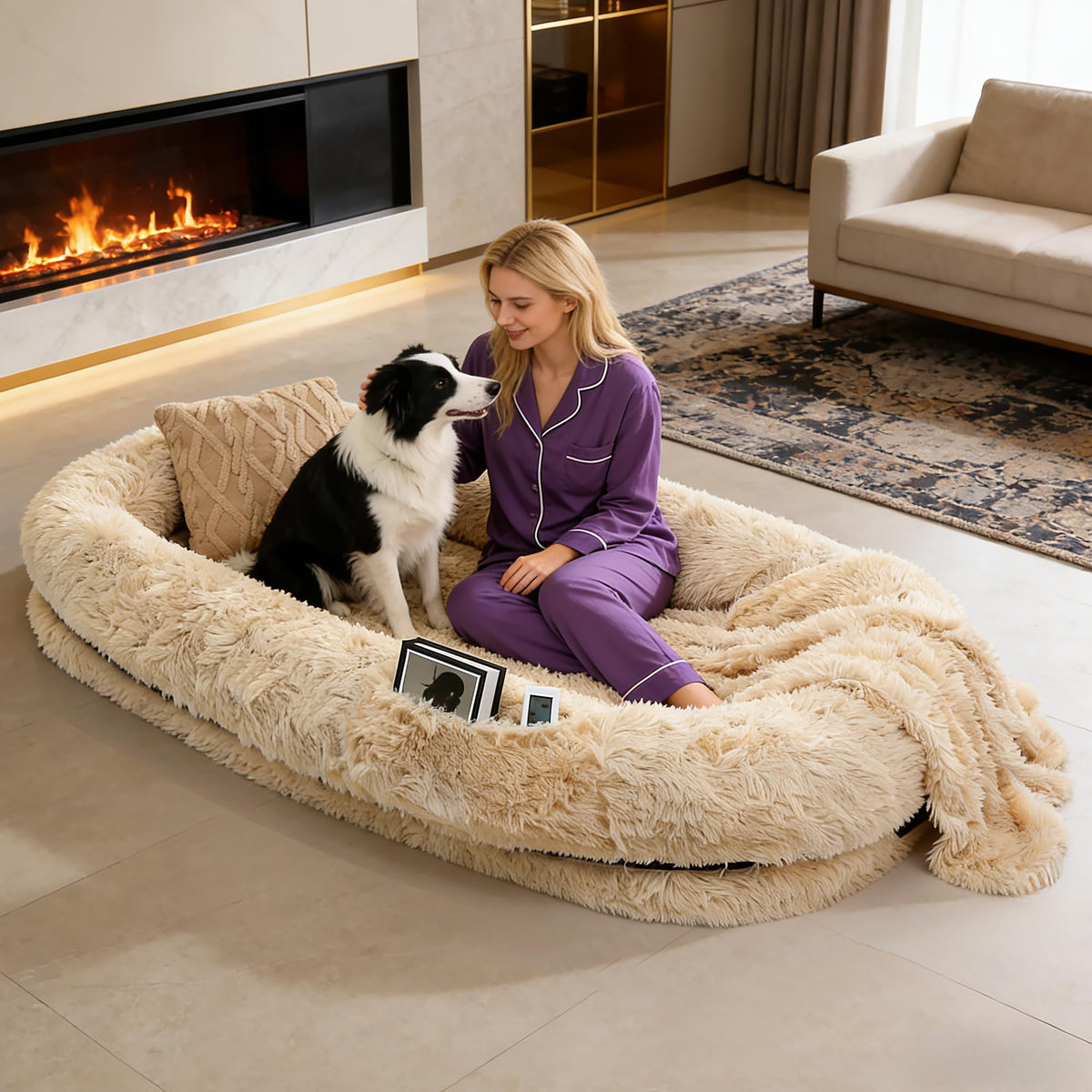 Le LOVEPals lit-humain-pour-chien en peluche longue pour chaleur et confort.