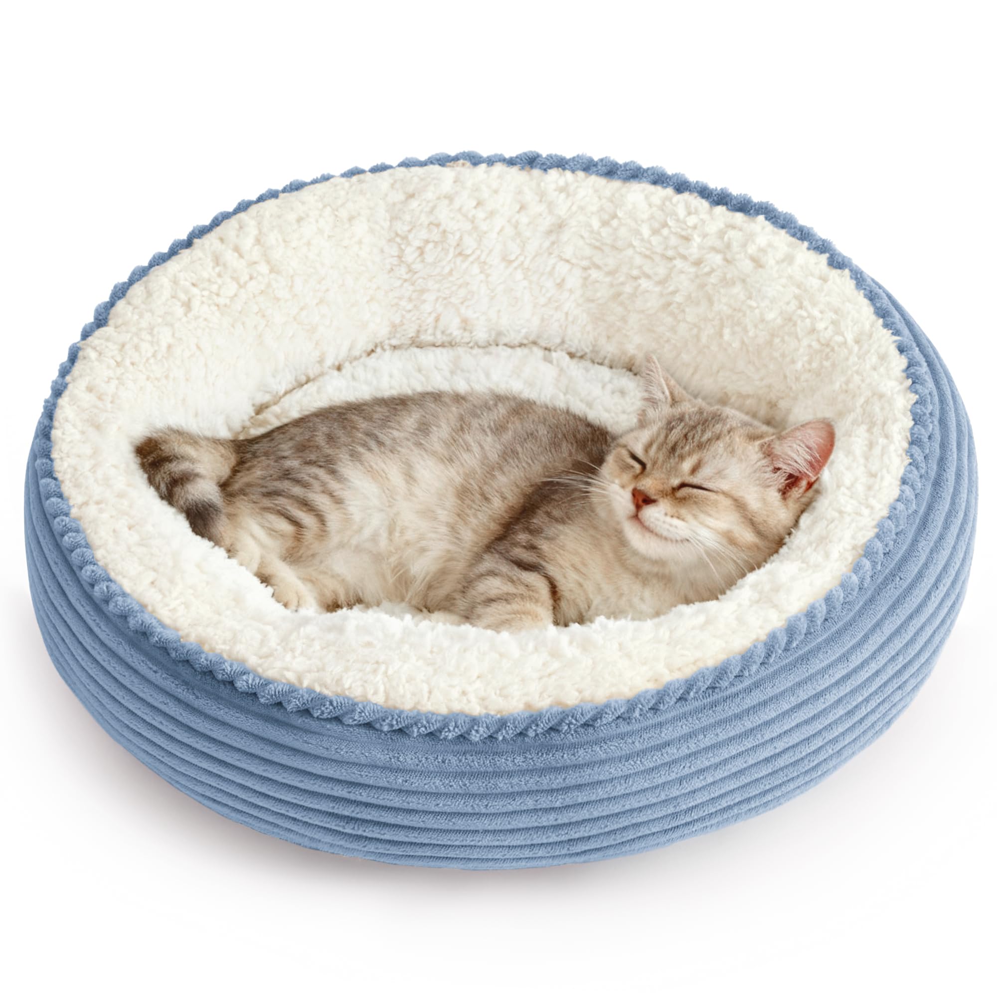 Love's cabin nid donut pour chat et petit chien – confort enveloppant bleu rayé.
