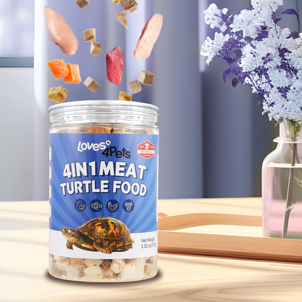 Loves4Pets – formule 4 en 1 saveurs poulet, canard, saumon et bœuf pour tortues.