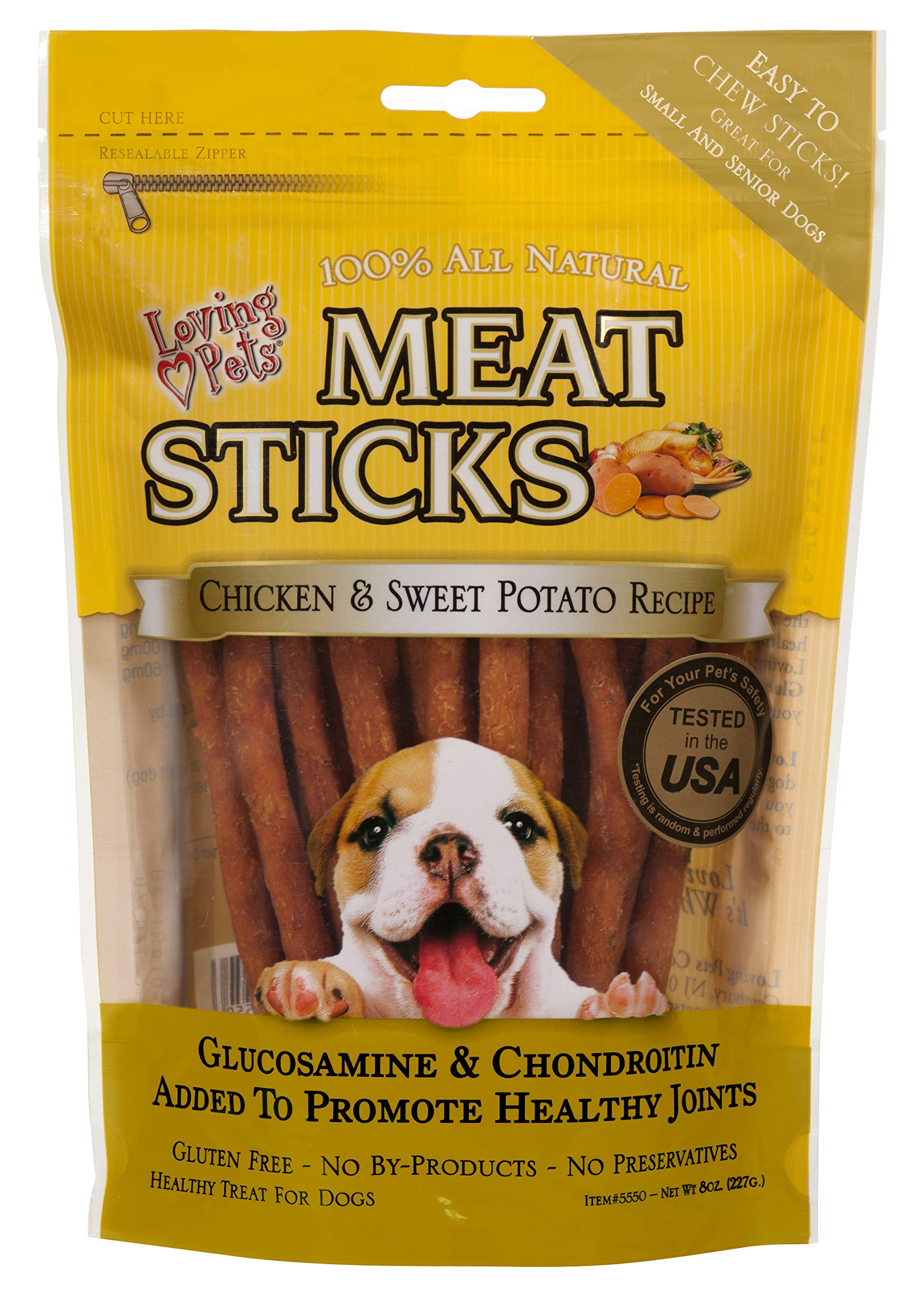 Bâtonnets Loving Pets Gourmet Meat Sticks au poulet et patate douce, goût savoureux et potentiel soutien articulaire.