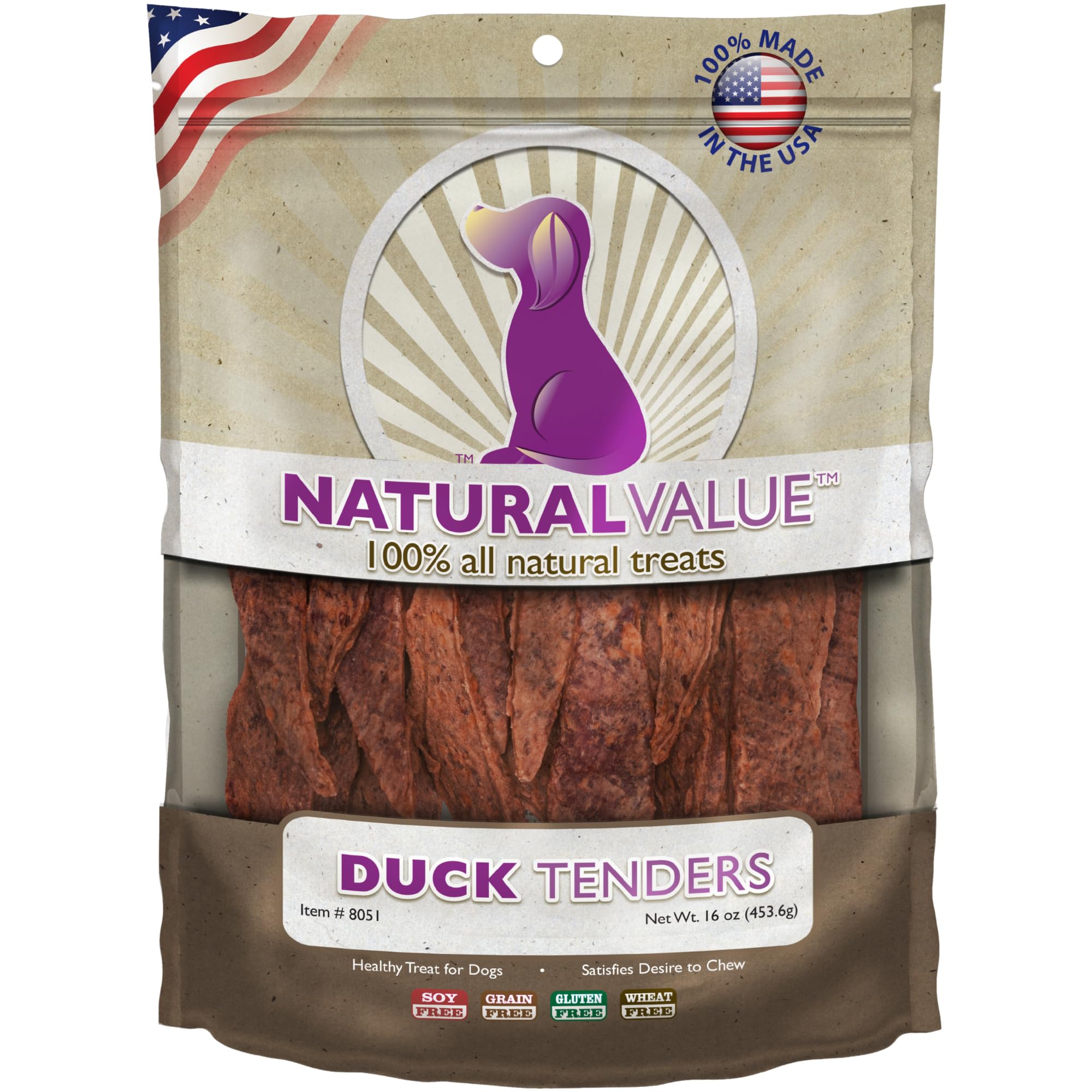 Friandise Loving Pets Natural Value Canard Tenders : texture souple et facile à mâcher pour chiens.