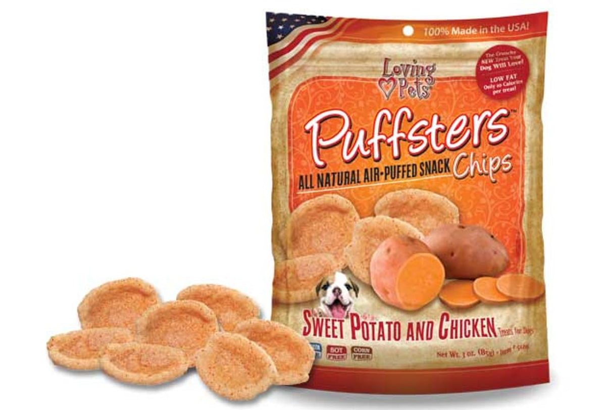 Friandise croustillante Puffsters de Loving Pets, poulet et patate, récompense légère.