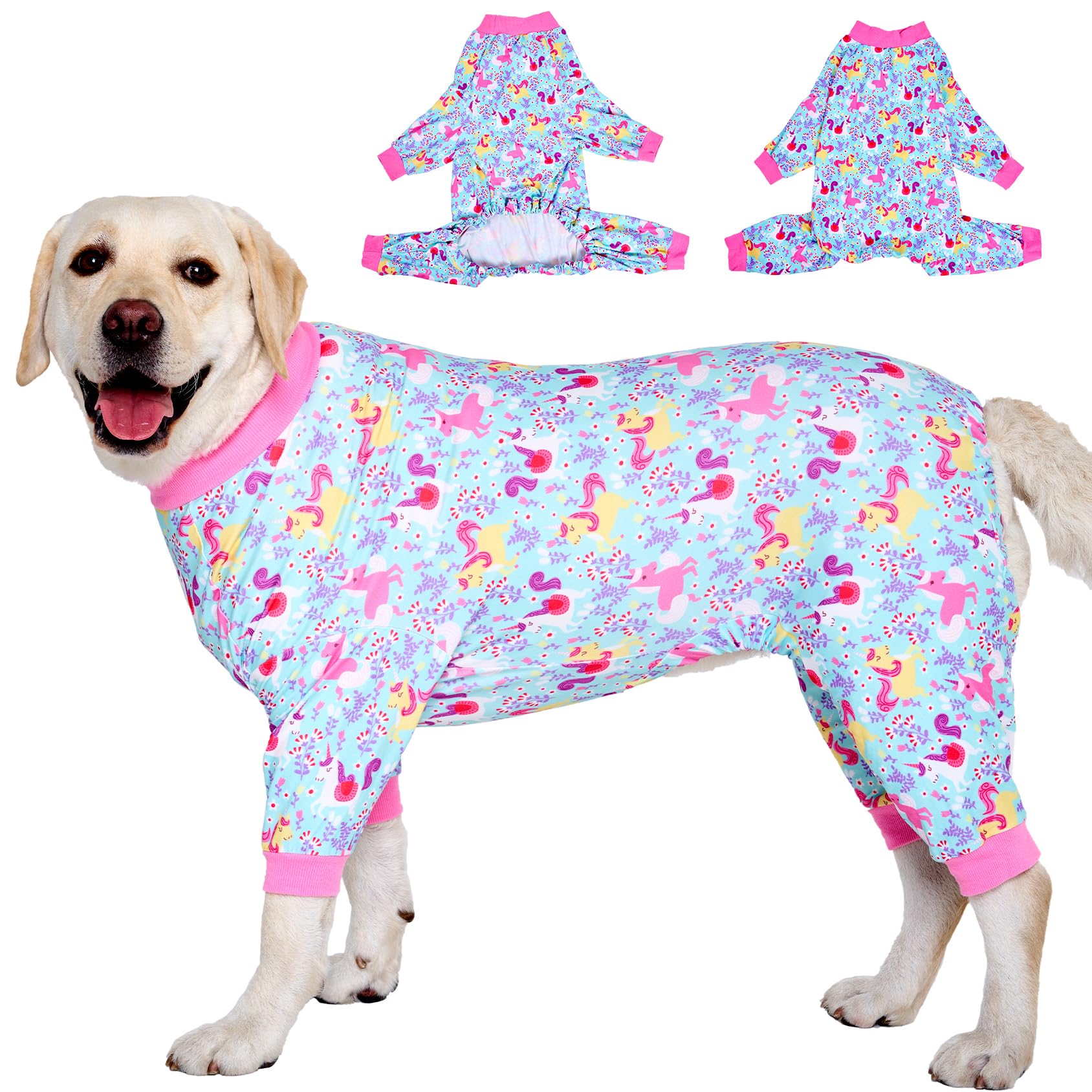 LovinPet pyjama pitbull imprimé licorne vert-bleu, confort et visibilité.