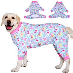LovinPet pyjama pitbull imprimé licorne vert-bleu, confort et visibilité.