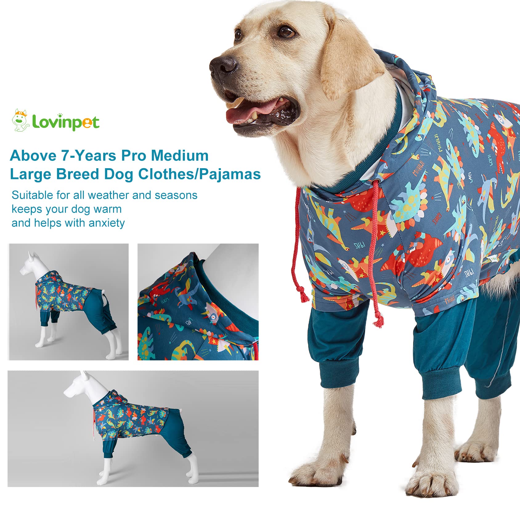 LovinPet PJS grand chien, impression dinosaures bleu marine, style mignon et pratique.