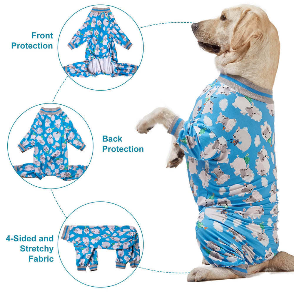 LovinPet pyjama chien bleu hippo, idéal après intervention pour mouvement et repas faciles.
