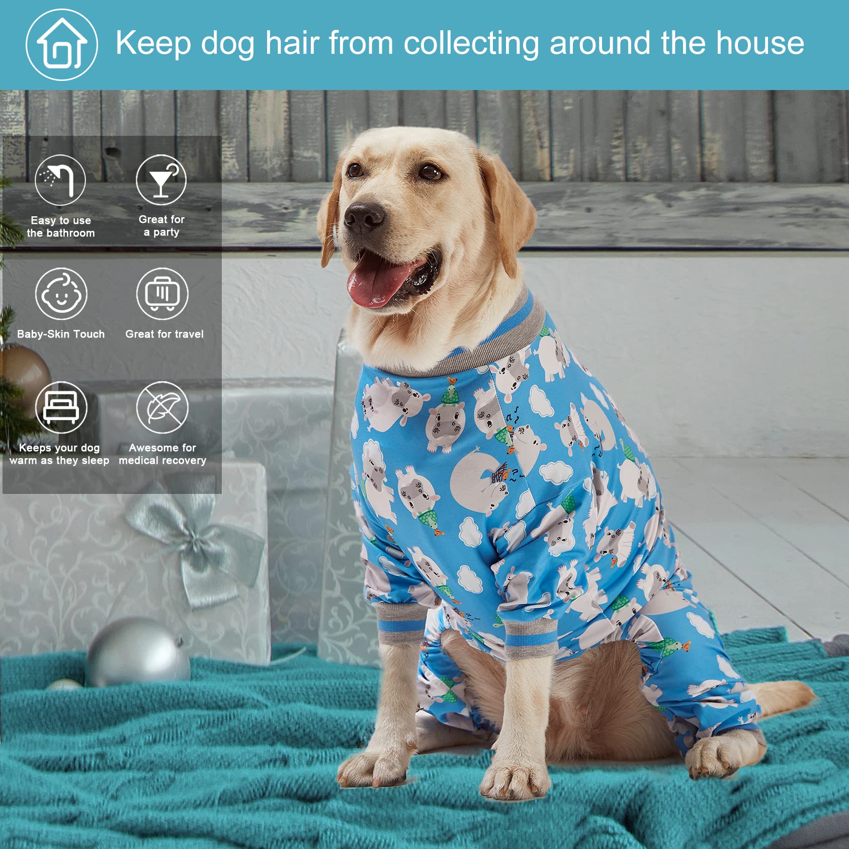 LovinPet pyjama chien protection peau bleu hippo, protège peau sensible et apaise l'irritation.