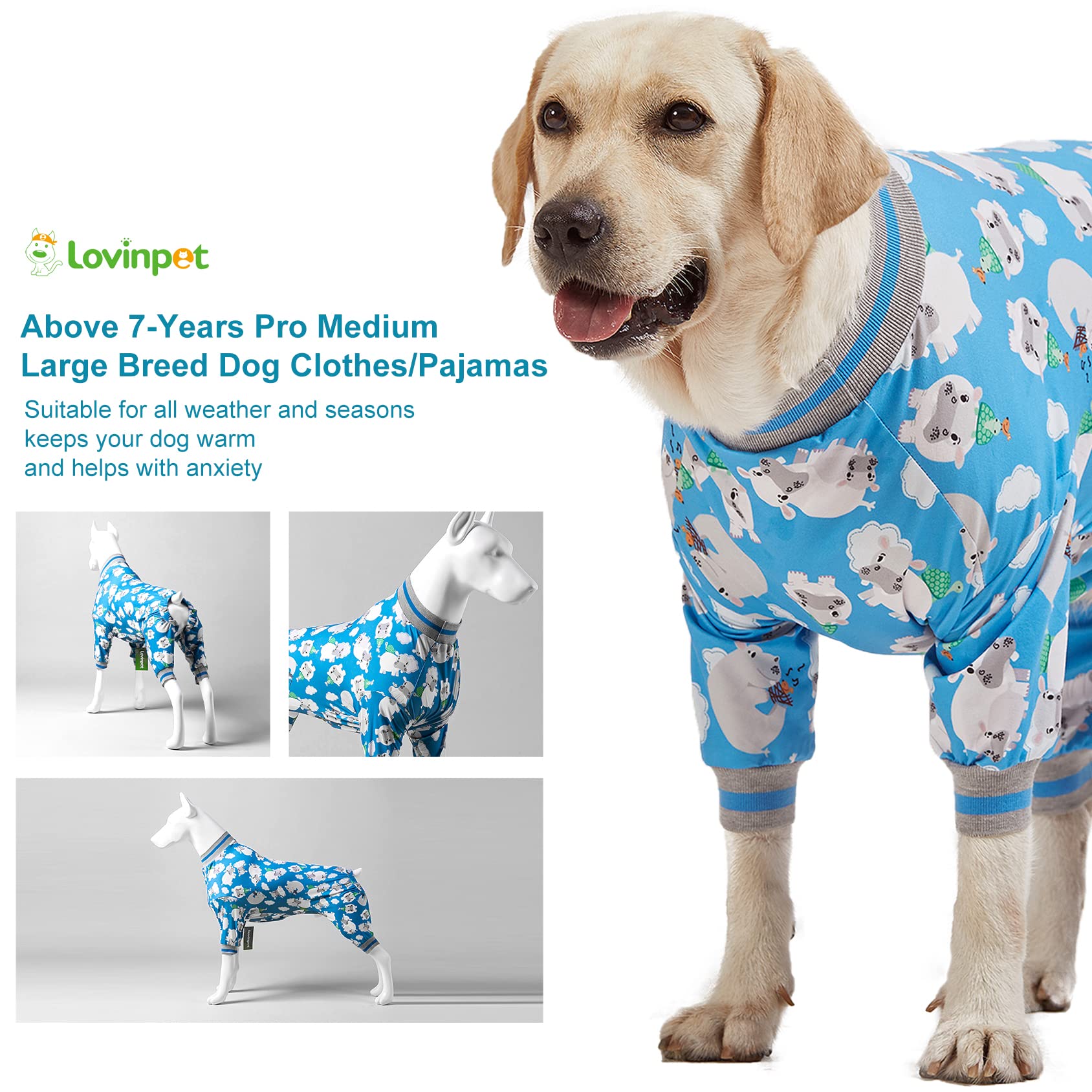 Pyjama LovinPet voyage pour grands chiens bleu, idéal pour les sorties