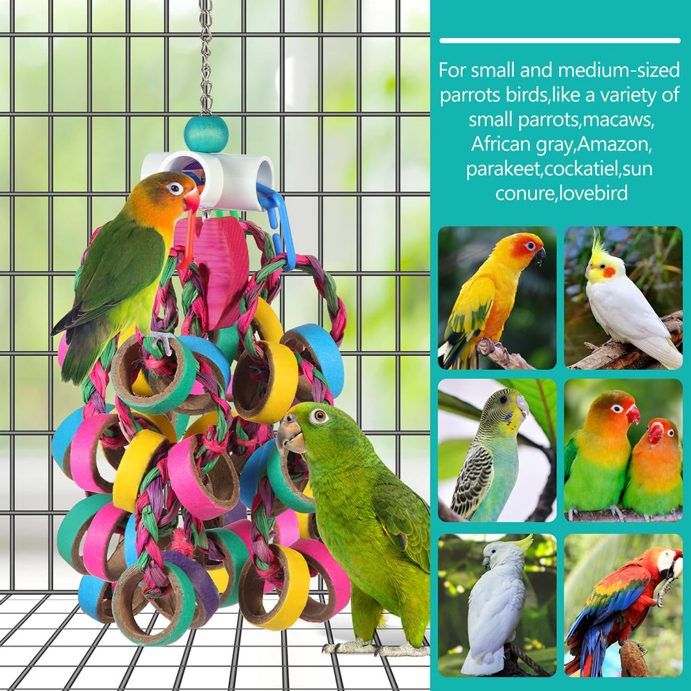Jouet LovyoCoCo pour perroquet avec activité de mastication et textures variées.