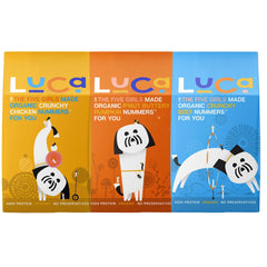 Luca et les Cinq Filles friandise poulet croquant, protéine élevée pour chiens actifs.