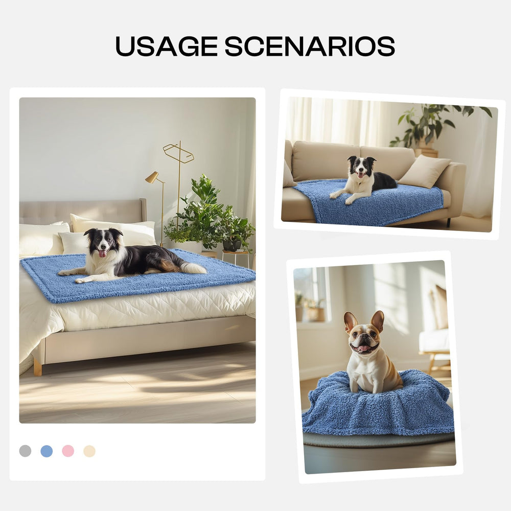 Le petit chien dort sur la couverture Luciphia bleu brumeux.