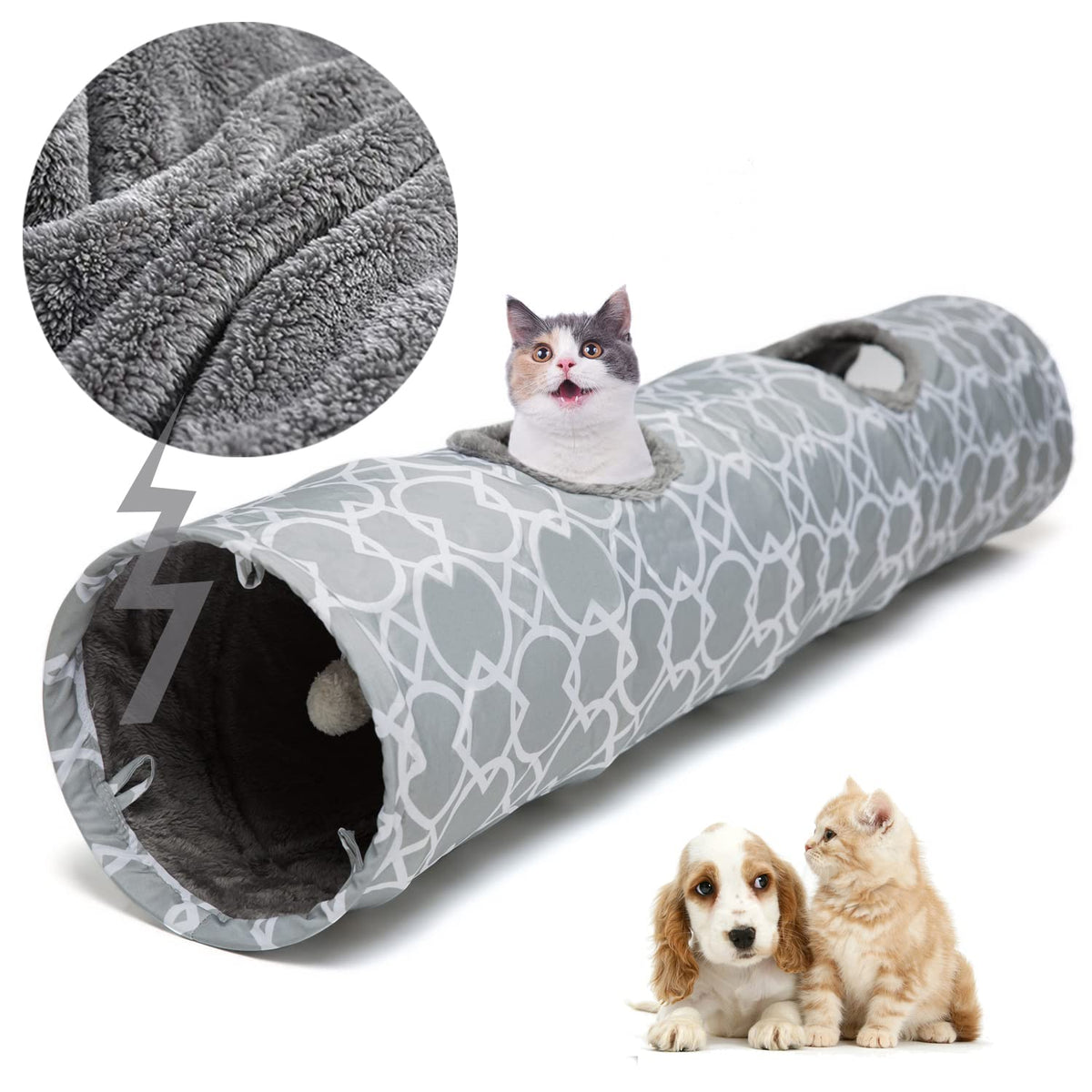 LUCKITTY tunnel-chat-geometrique-droit-peluche-interieur : espace de jeu douillet pour chats.