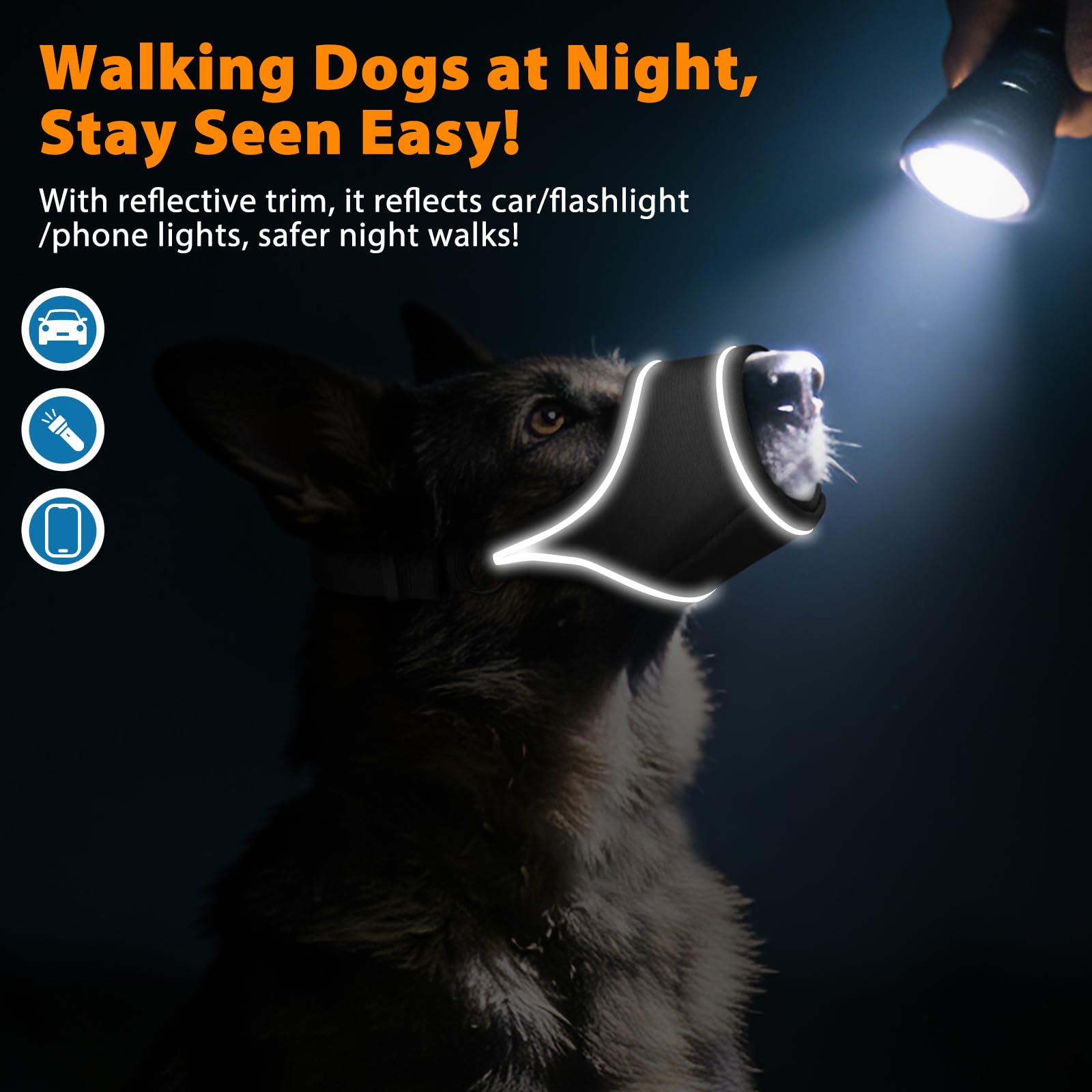 LUCKYPAW museau chien ruban réfléchissant noir, meilleure visibilité.
