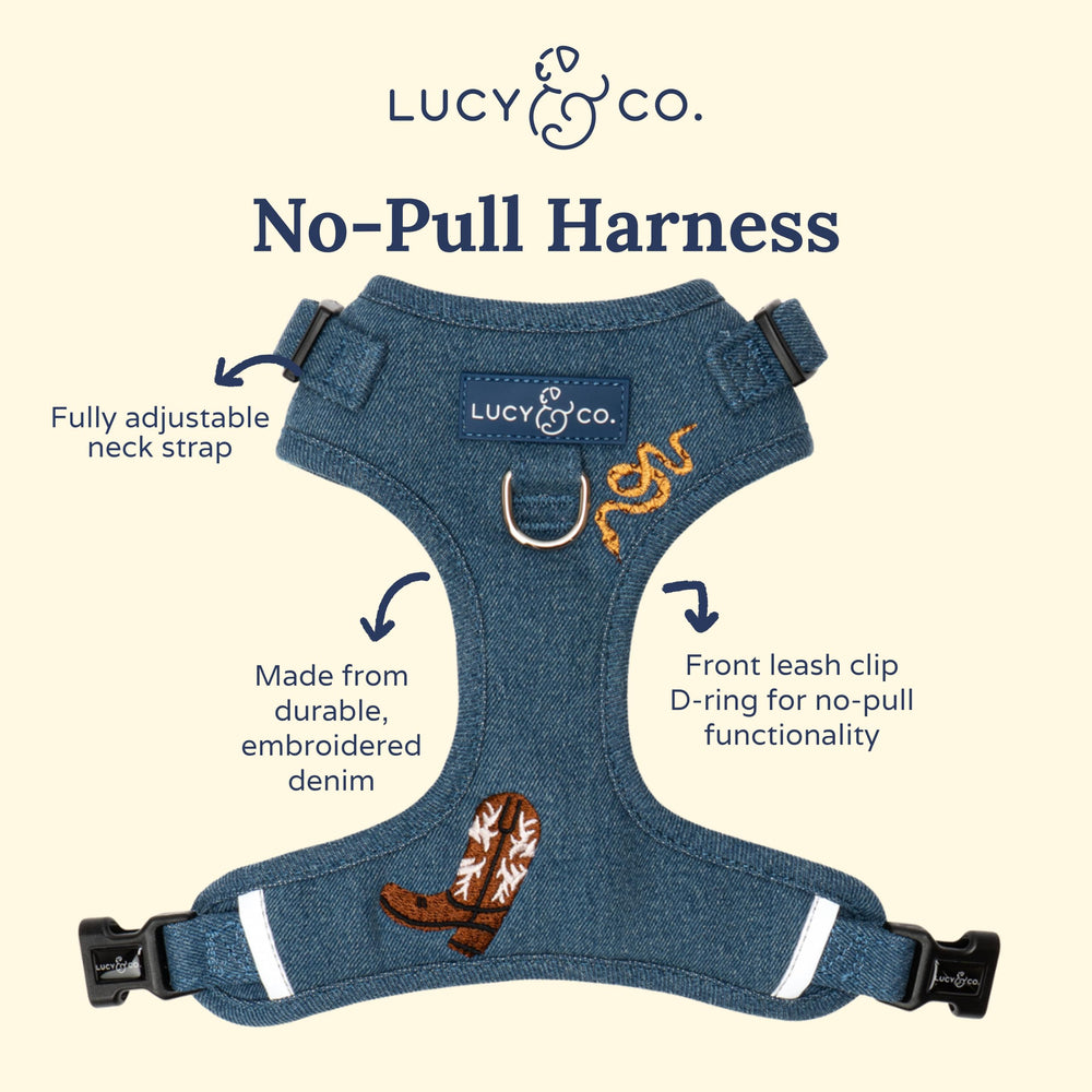 Lucy & Co Harnais anti tirage Denim Cowboy attache arrière pour stabilité pendant les sorties.