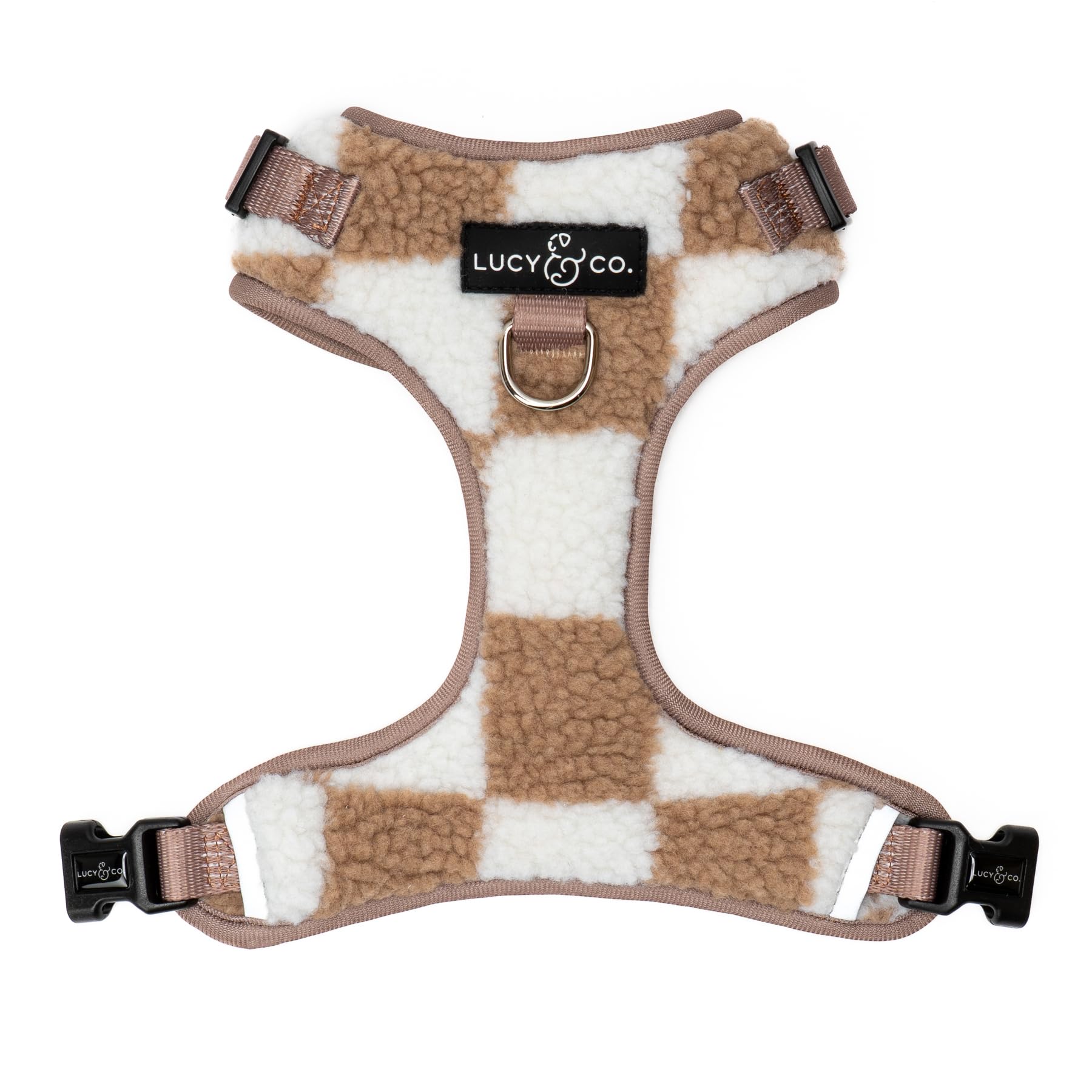 Harnais Lucy et Co anti tirage damier blanc beige en action pour marche fluide.