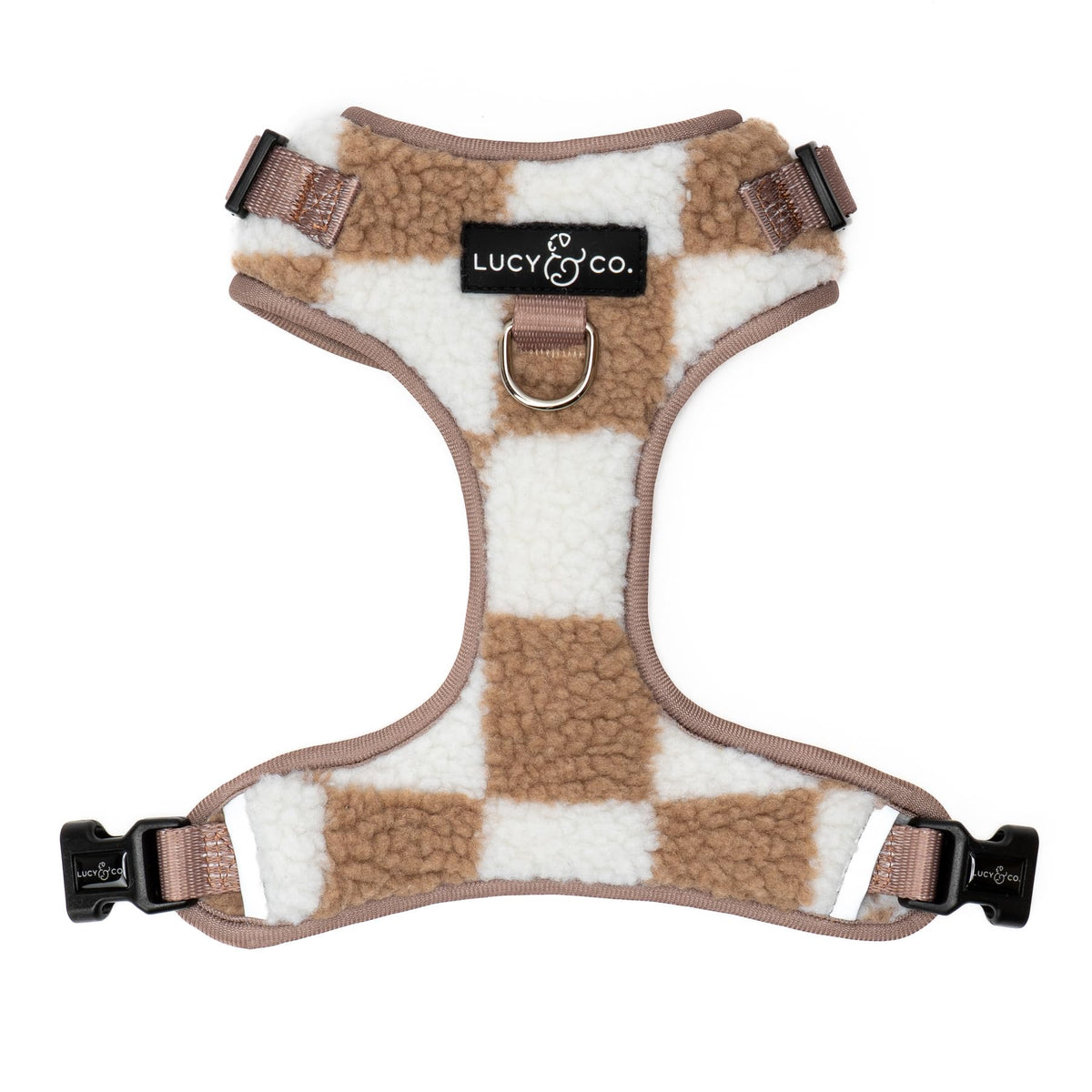 Harnais Lucy et Co anti tirage damier blanc beige en action pour marche fluide.