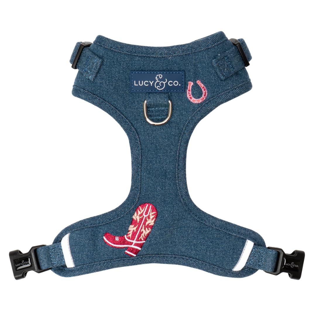 Lucy & Co harnais no-pull Denim Cowgirl, attache avant, traction maîtrisée lors des balades.