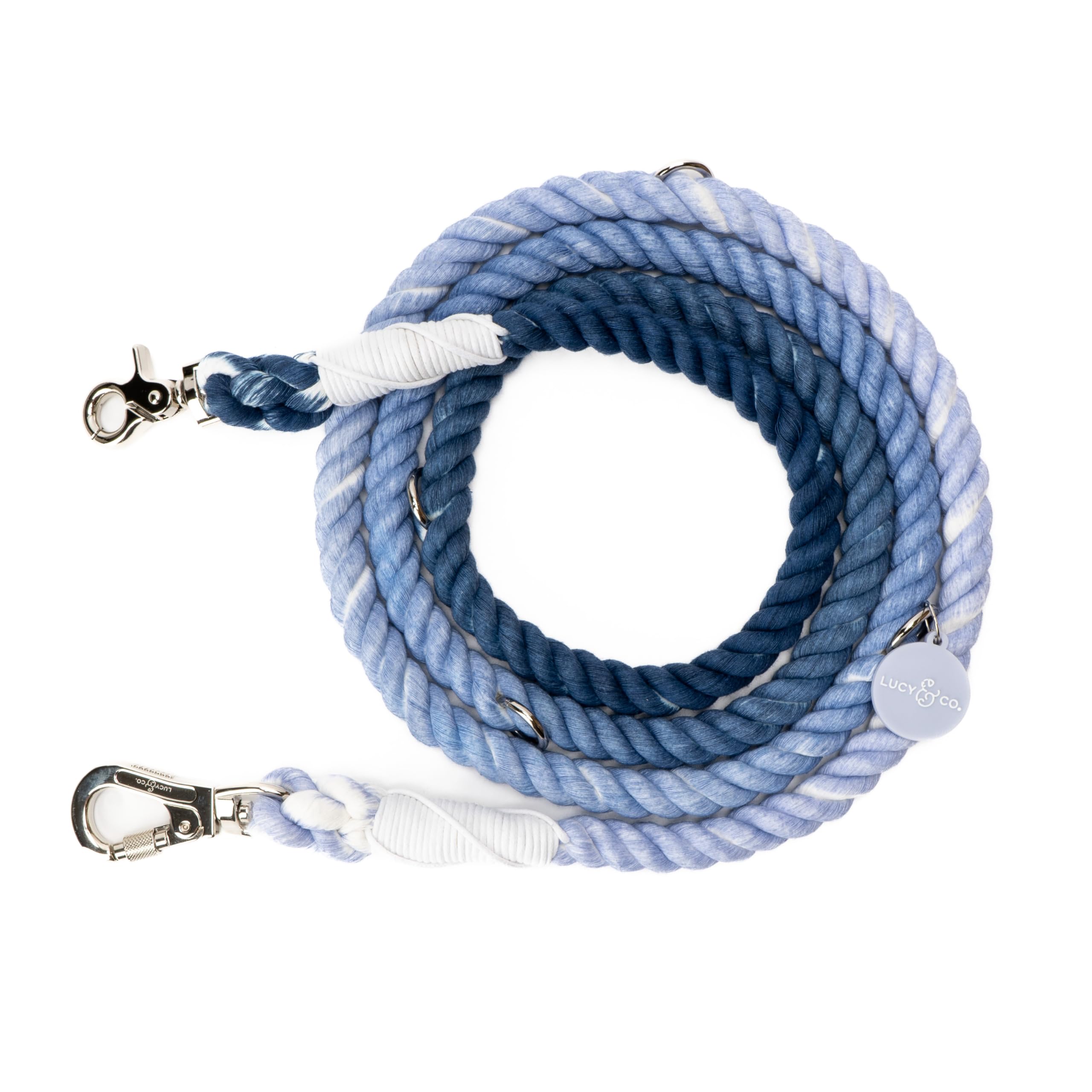Lucy & Co. Laisse ombré bleu myrtille, vue frontale, pratique et chic.