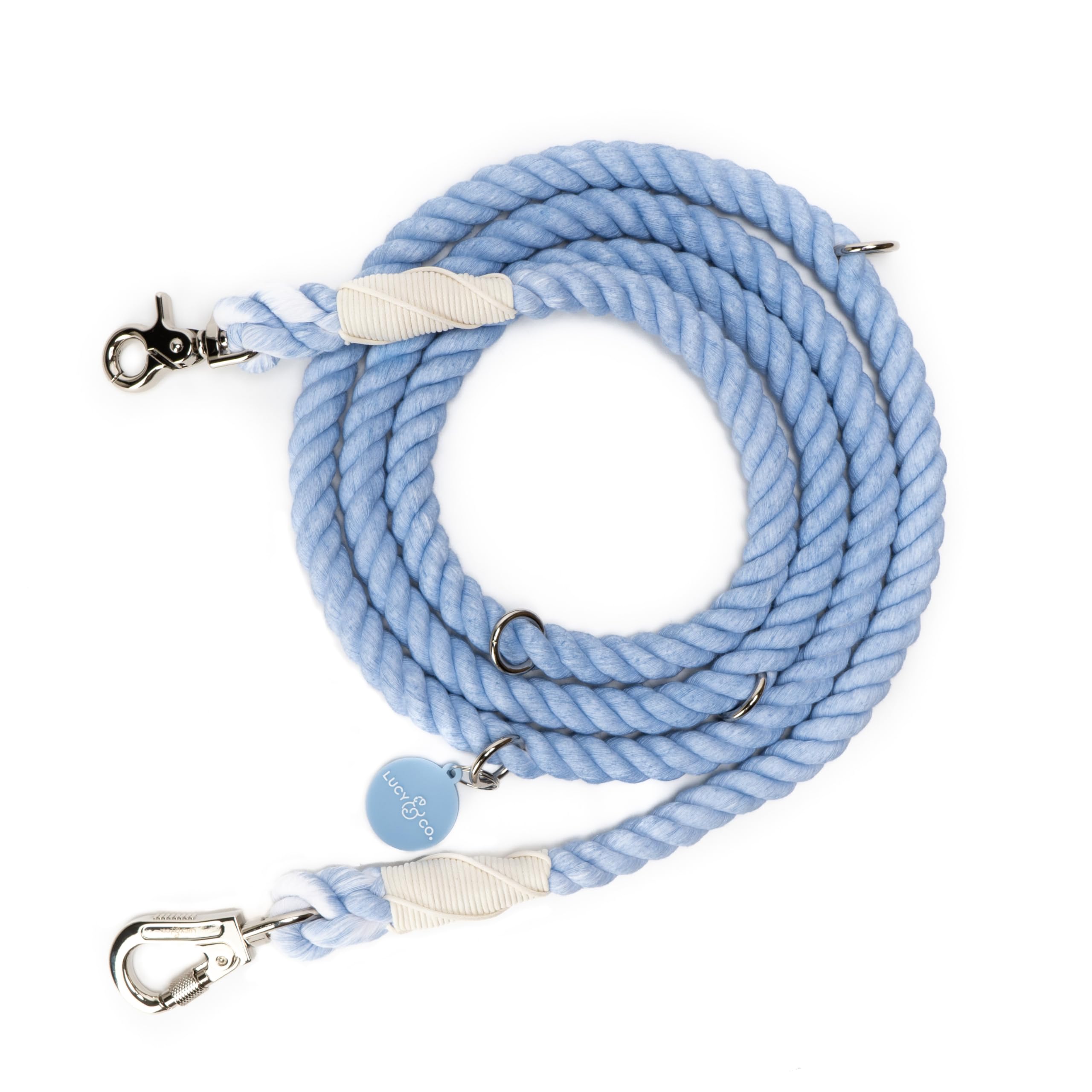 Lucy & Co. laisse denim bleu, détail couleur agréable et durable.