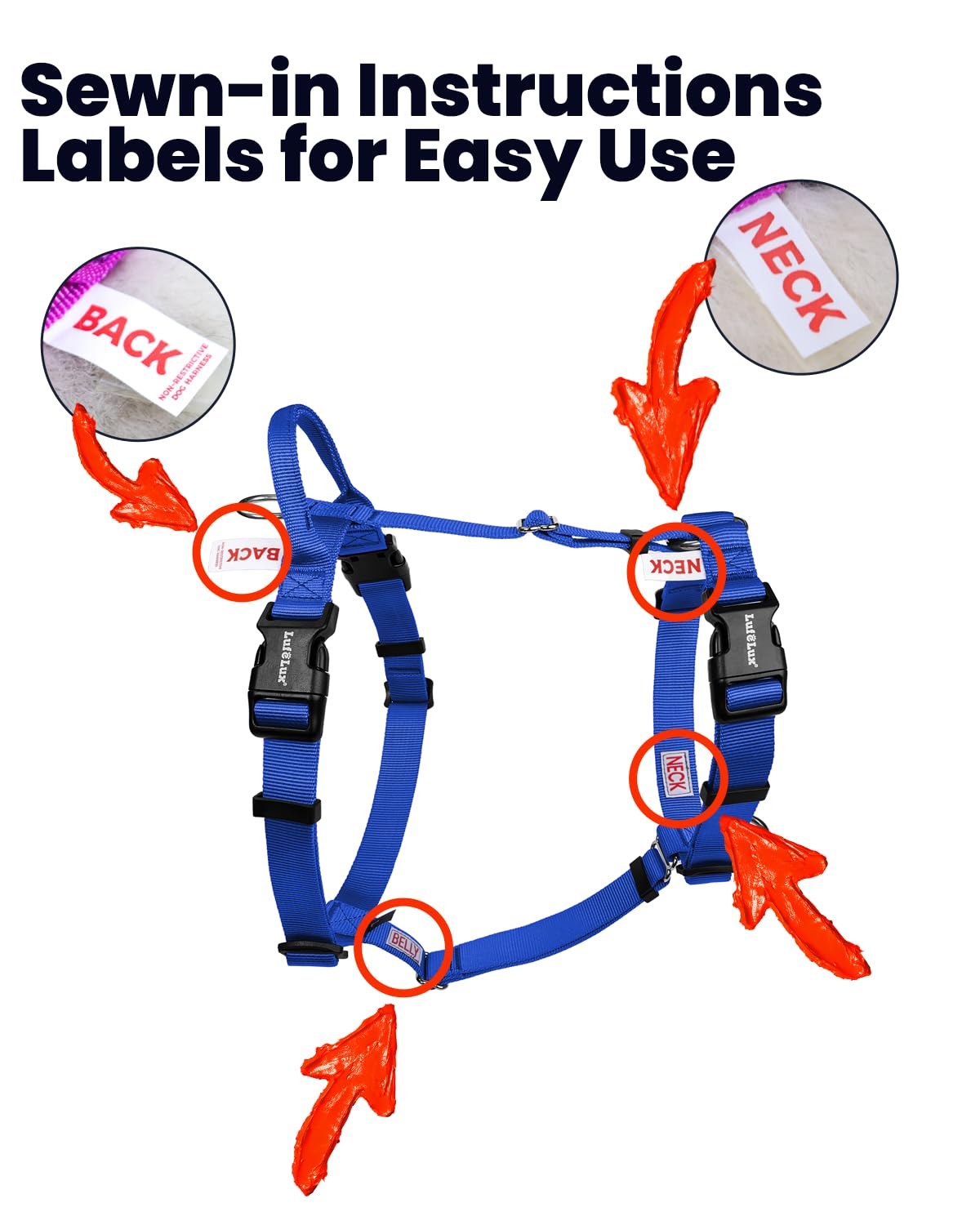 Harnais LufeLux nylon robuste — mise en place facile grâce aux boucles.