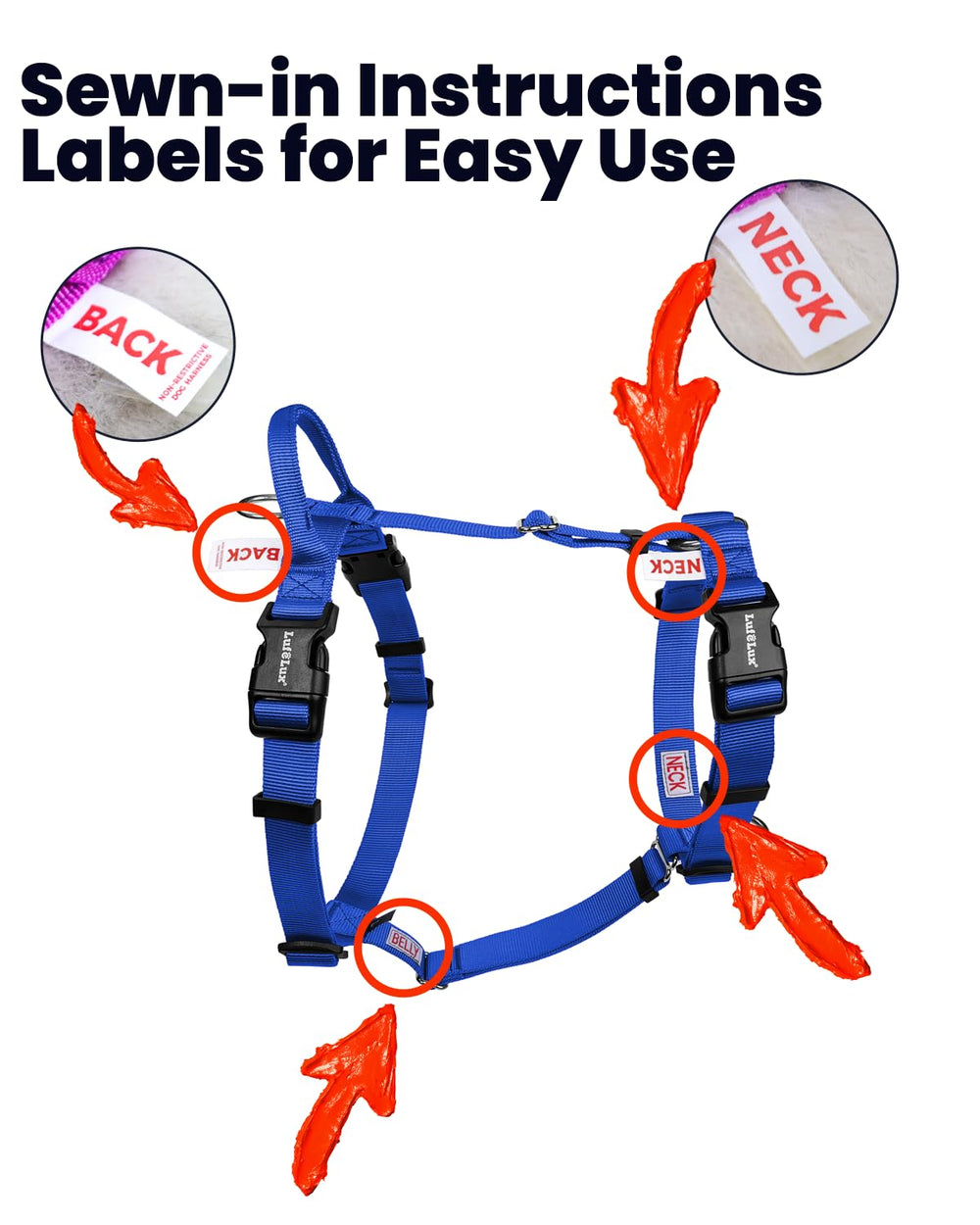 Harnais LufeLux nylon robuste — mise en place facile grâce aux boucles.