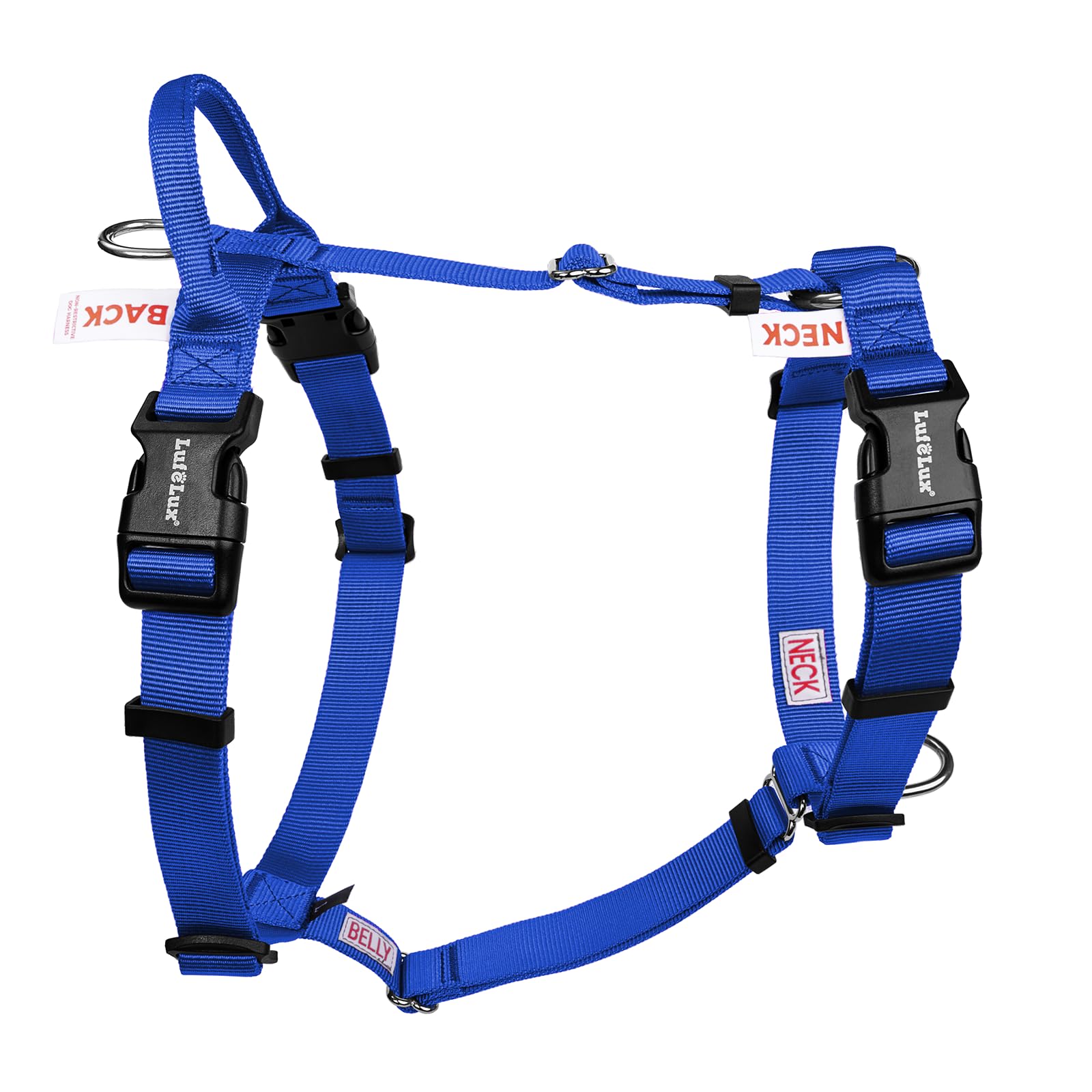 Harnais LufeLux sans traction — vue frontale, liberté de mouvement pour votre chien.