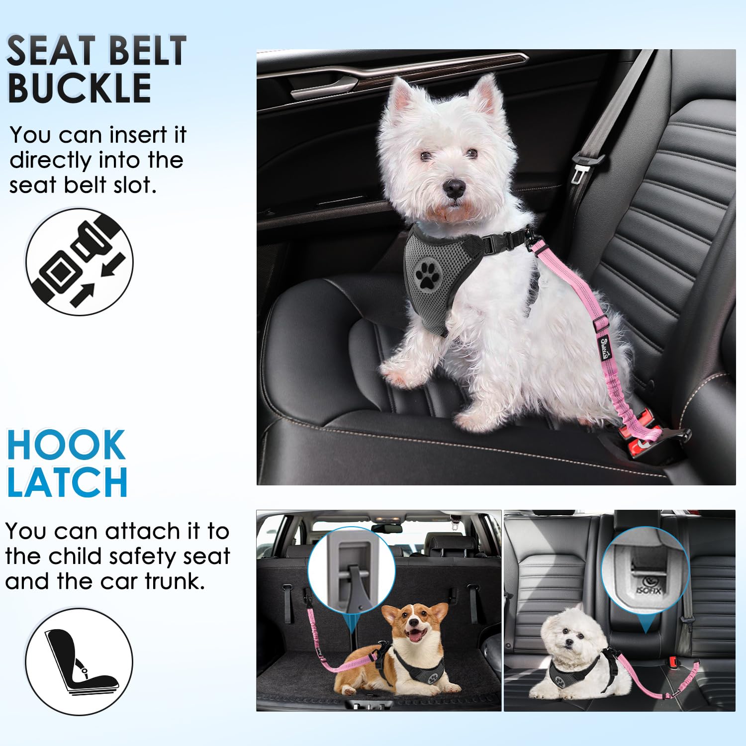 Lukovee harnais chien auto rose, sécurité et confort pendant le trajet