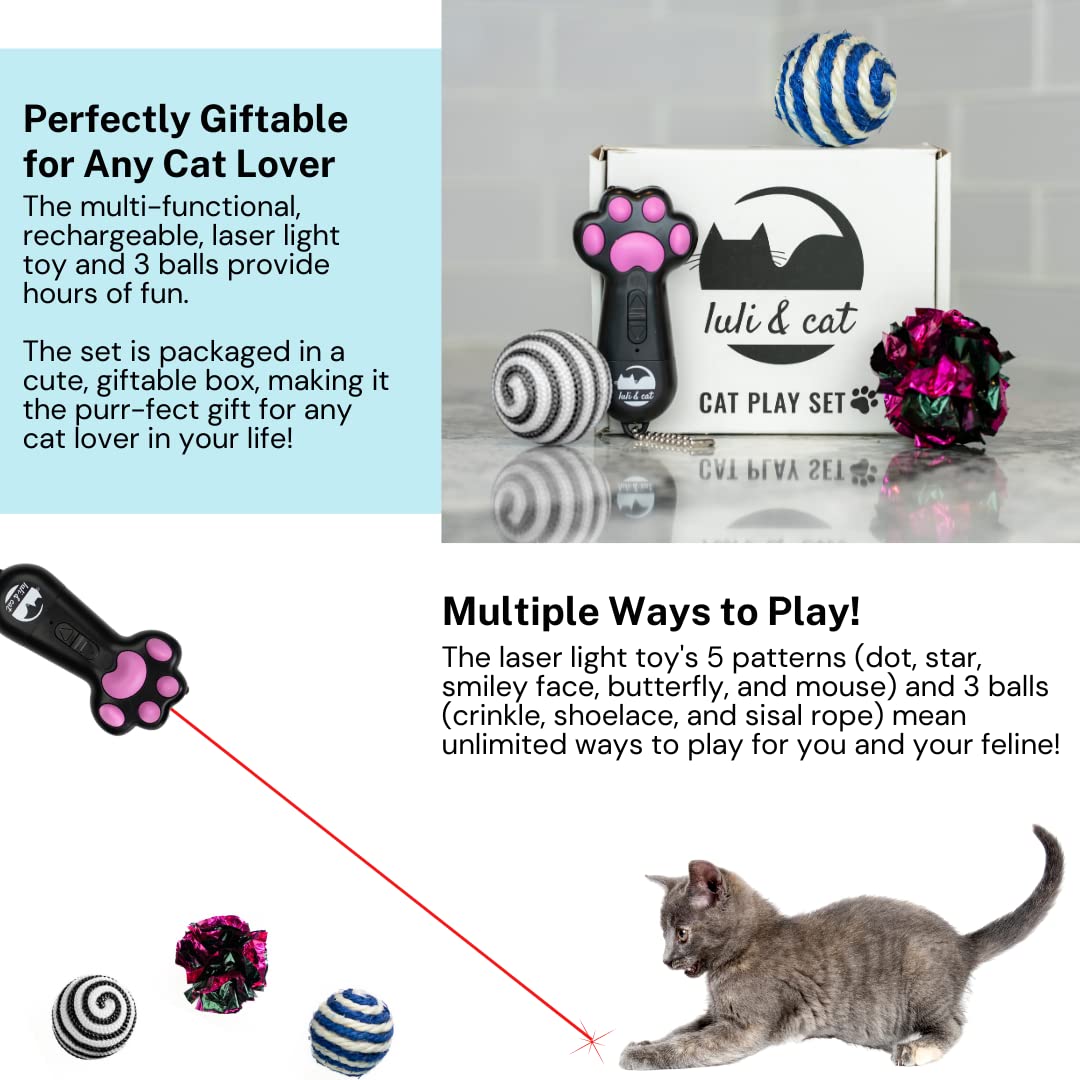 Mode laser rouge et modes lumineux Luli & Cat pour exercices et stimulation visuelle.